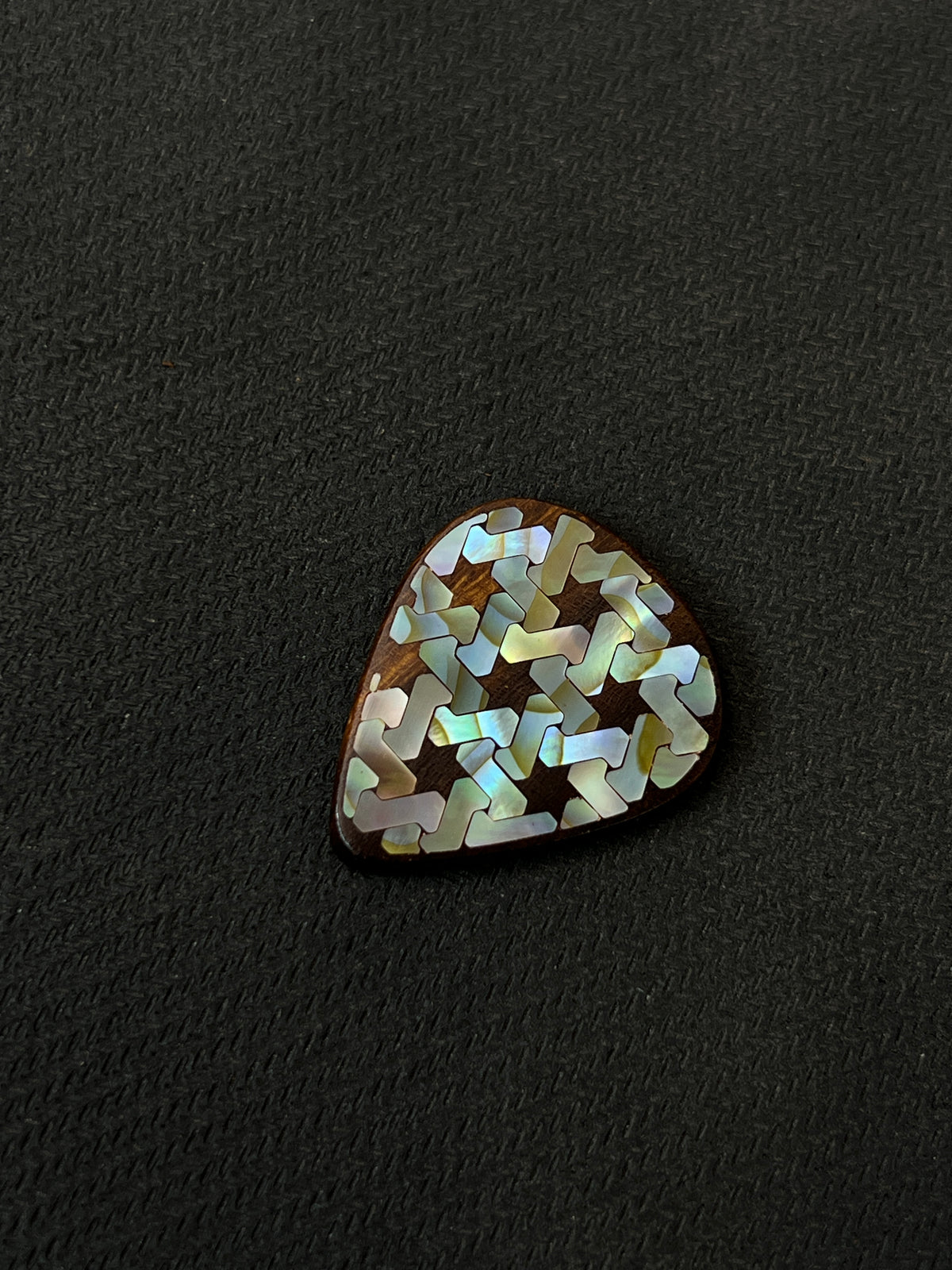 Handmade Wooden Guitar Pick with Colorful Mother of Pearl Interwoven Pattern Inlay