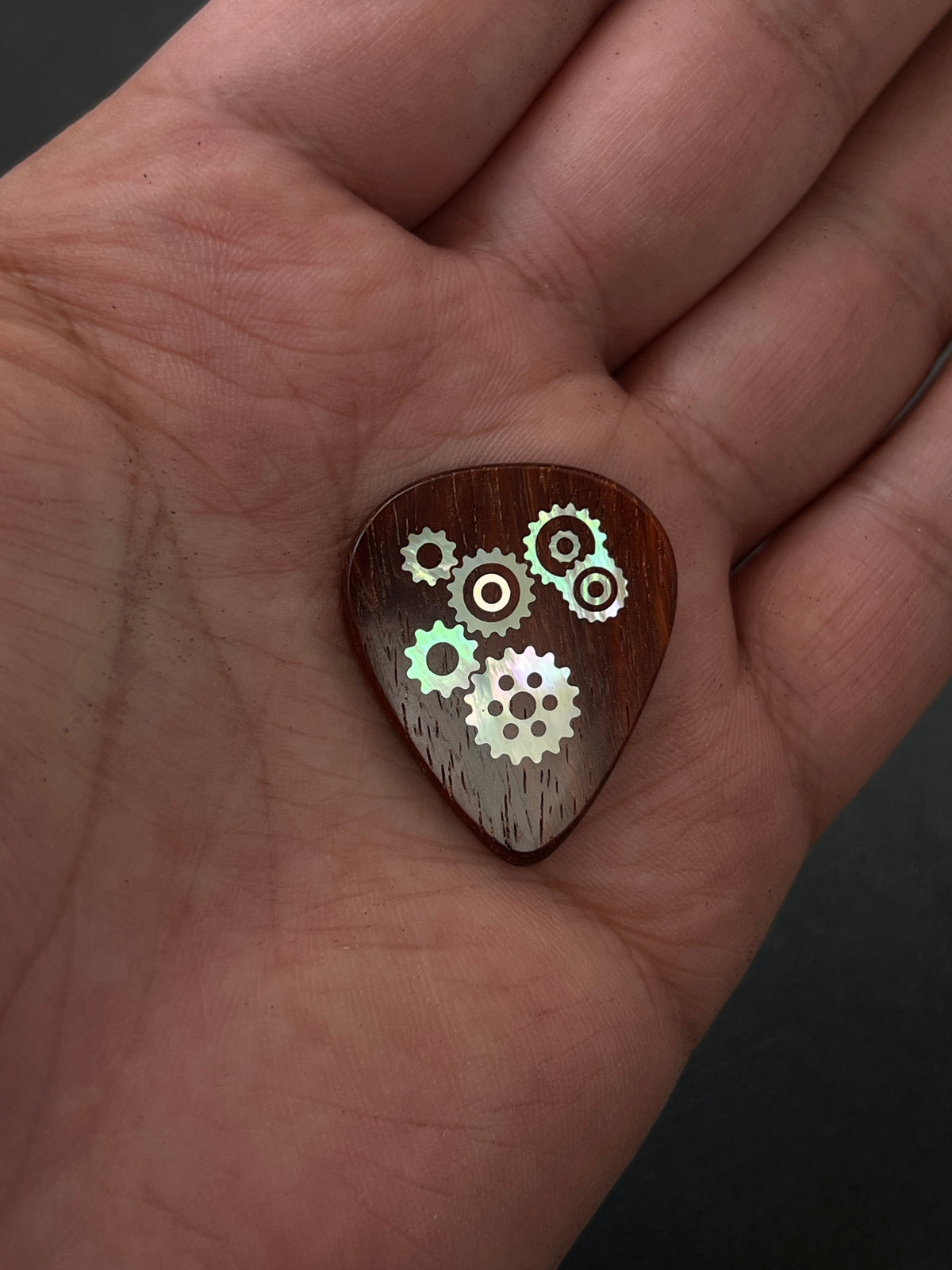 Handmade Wooden Guitar Pick with Mother of Pearl Gear Inlay