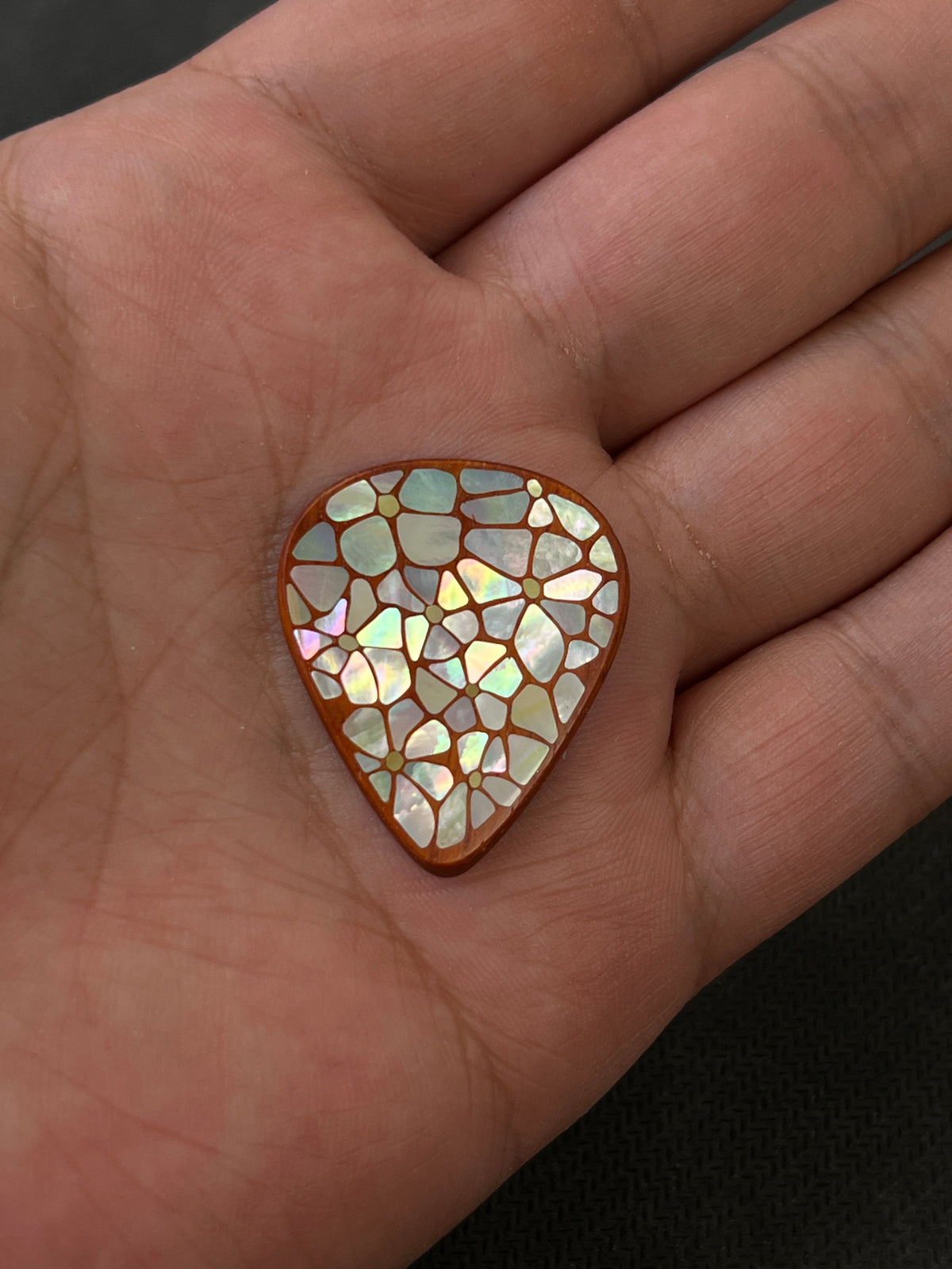 Handmade Wooden Guitar Pick with Floral Mother of Pearl Inlay