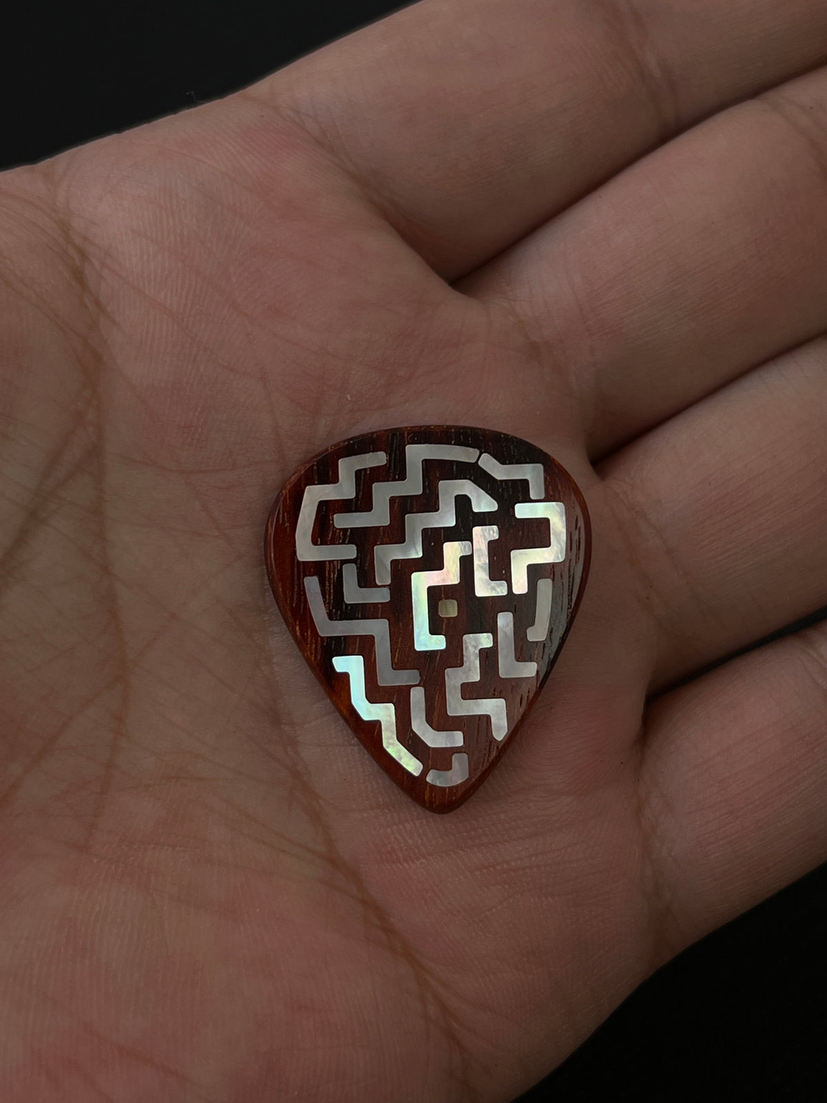 Handmade Wooden Guitar Pick with Mother of Pearl Maze Inlay
