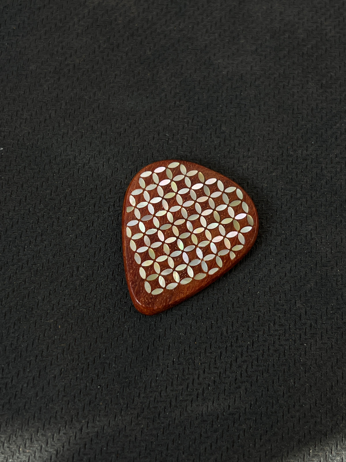 Handmade Wooden Guitar Pick with Mother of Pearl Coin Pattern Inlay – Unique Gift for Guitar Players