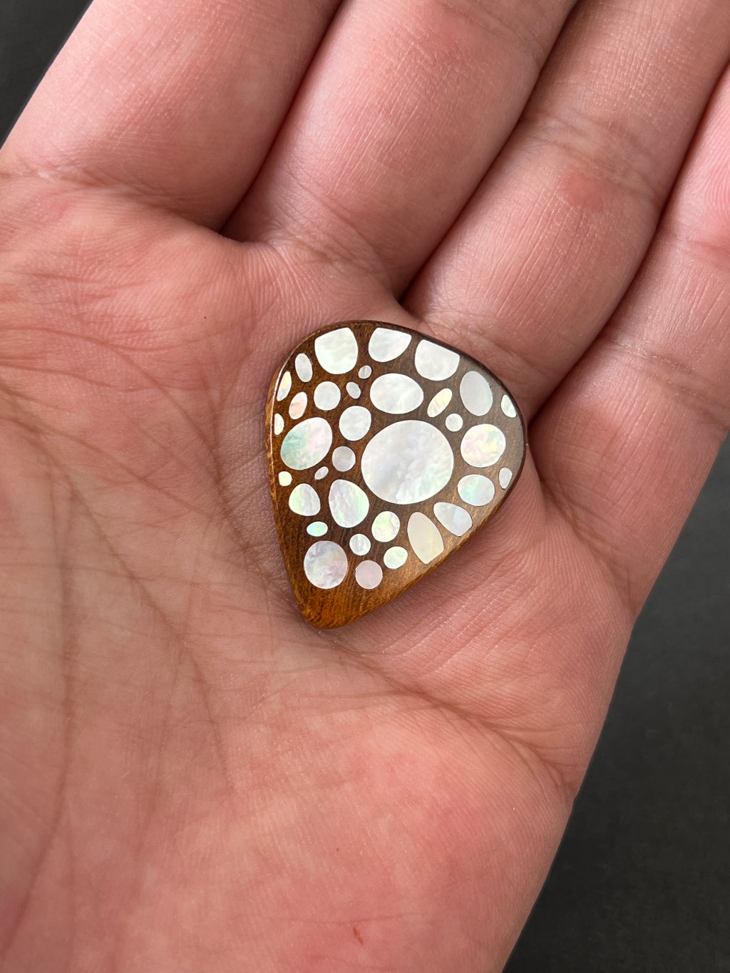 Handmade Wooden Guitar Pick with Mother of Pearl Pebble Inlay