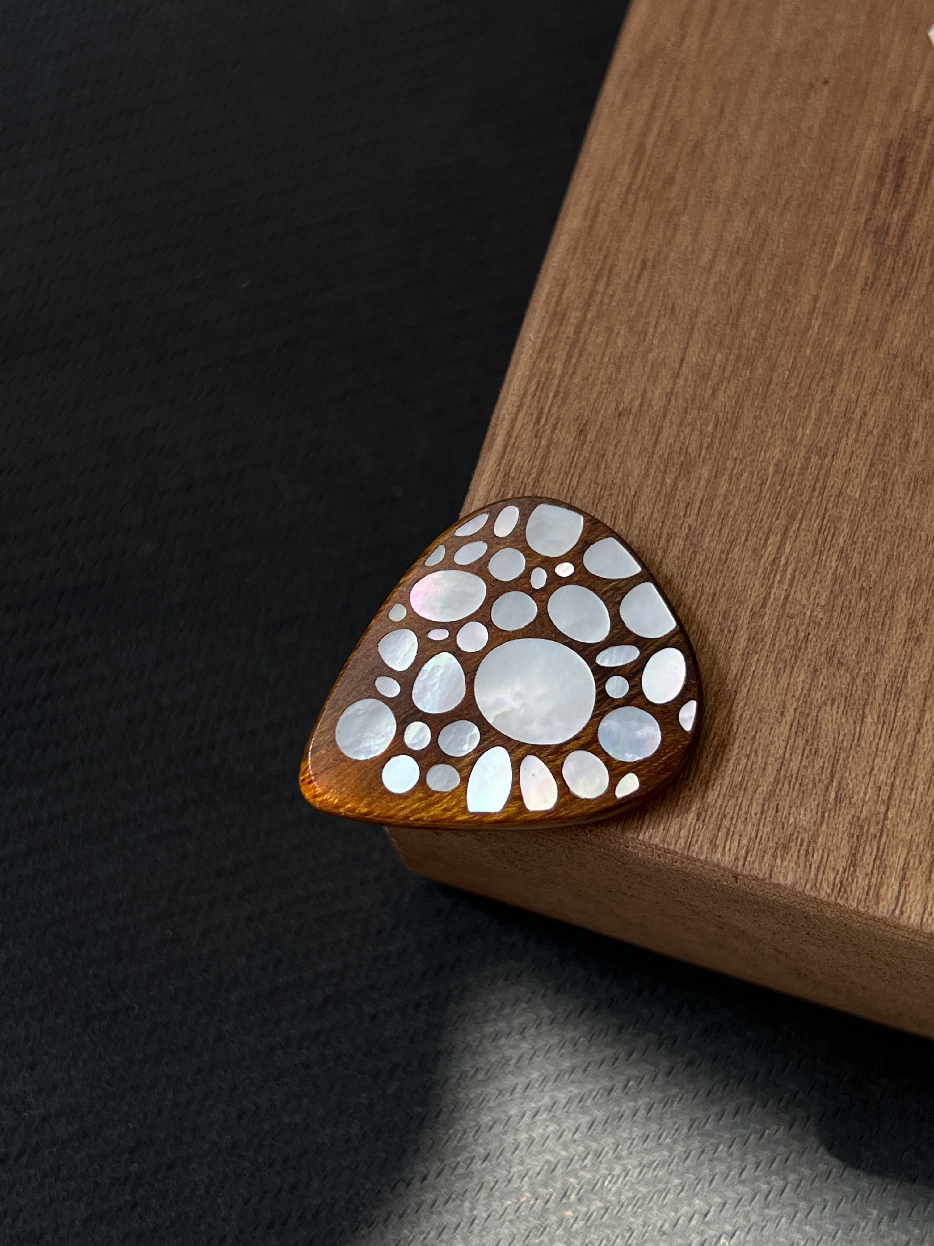 Handmade Wooden Guitar Pick with Mother of Pearl Pebble Inlay