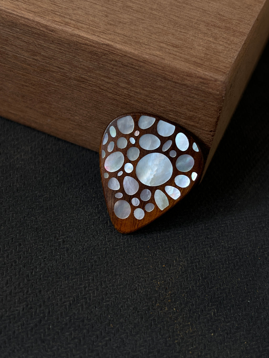 Handmade Wooden Guitar Pick with Mother of Pearl Pebble Inlay