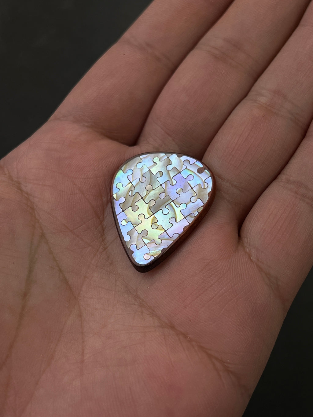 Handmade Wooden Guitar Pick with Mother of Pearl Puzzle Inlay