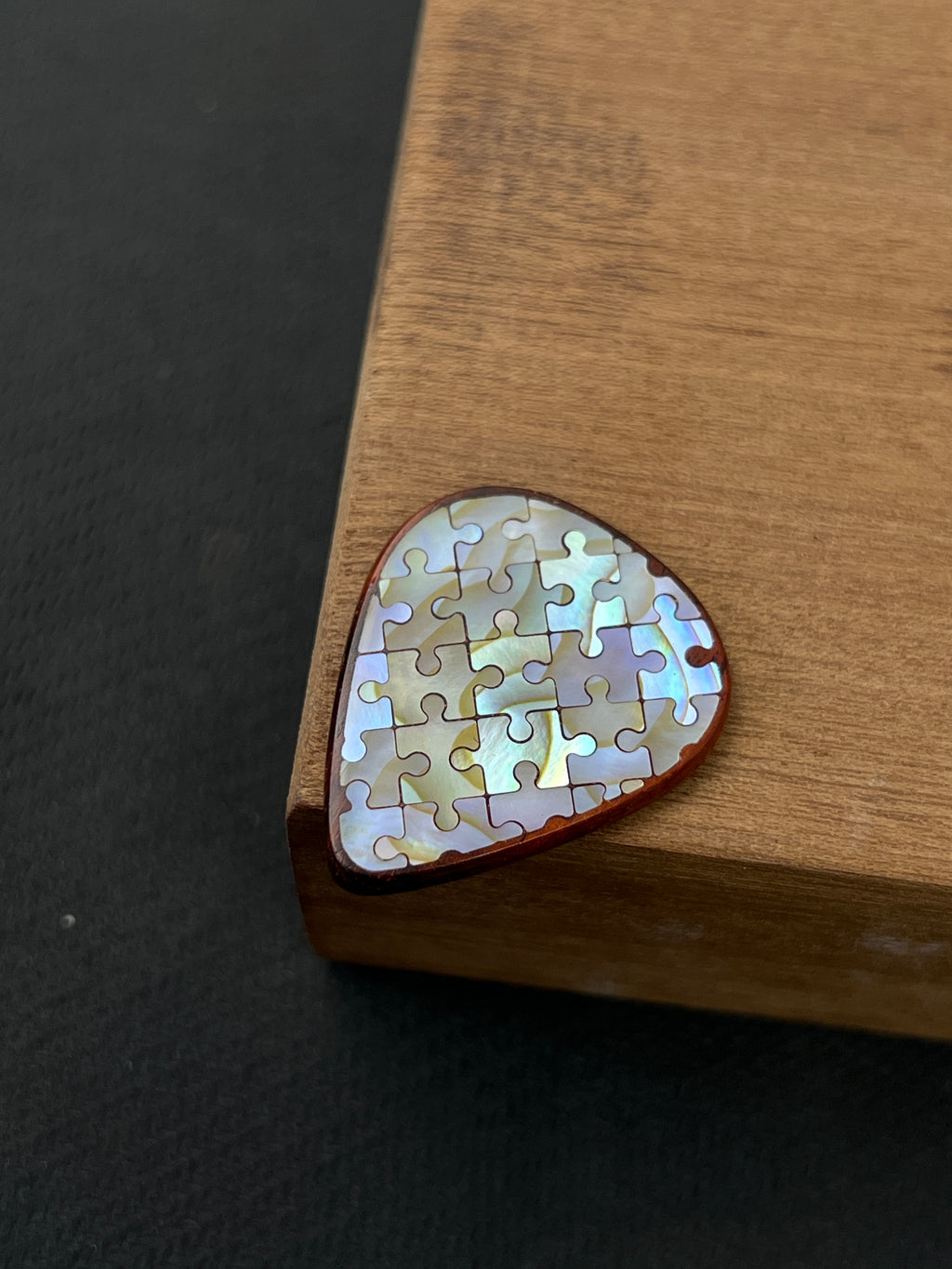Handmade Wooden Guitar Pick with Mother of Pearl Puzzle Inlay