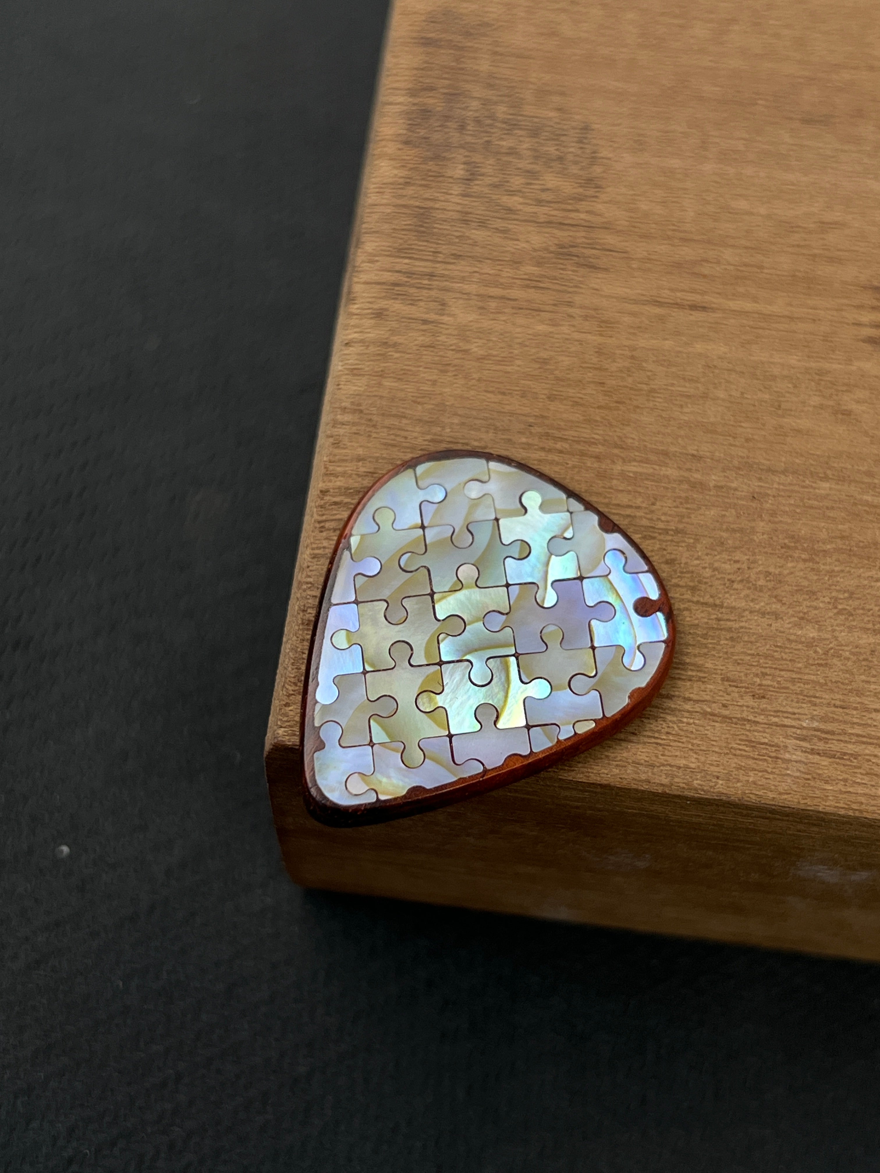 Handmade Wooden Guitar Pick with Mother of Pearl Puzzle Inlay