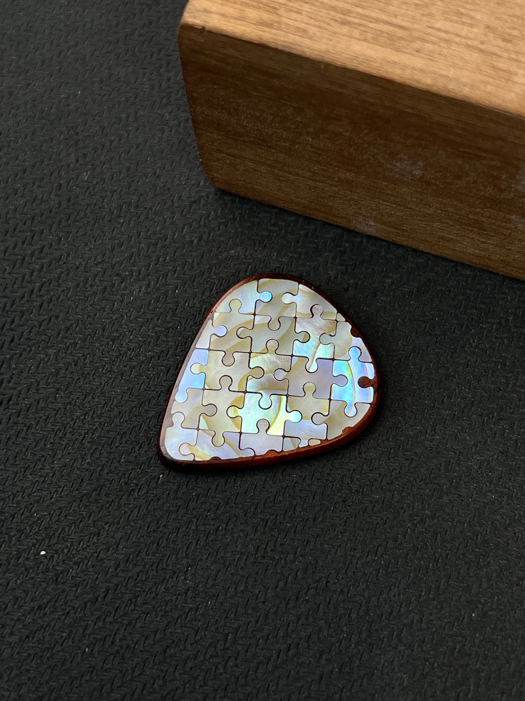 Handmade Wooden Guitar Pick with Mother of Pearl Puzzle Inlay