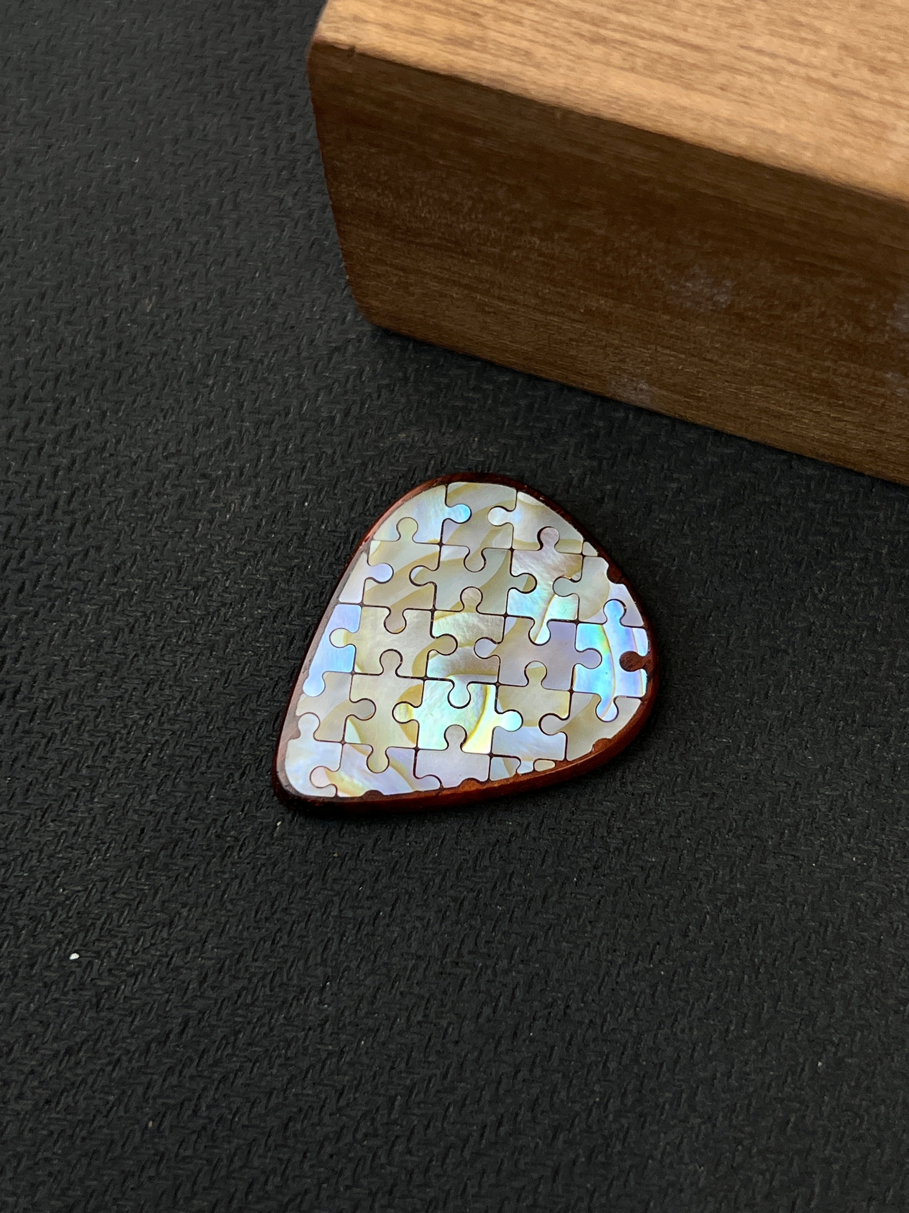 Handmade Wooden Guitar Pick with Mother of Pearl Puzzle Inlay