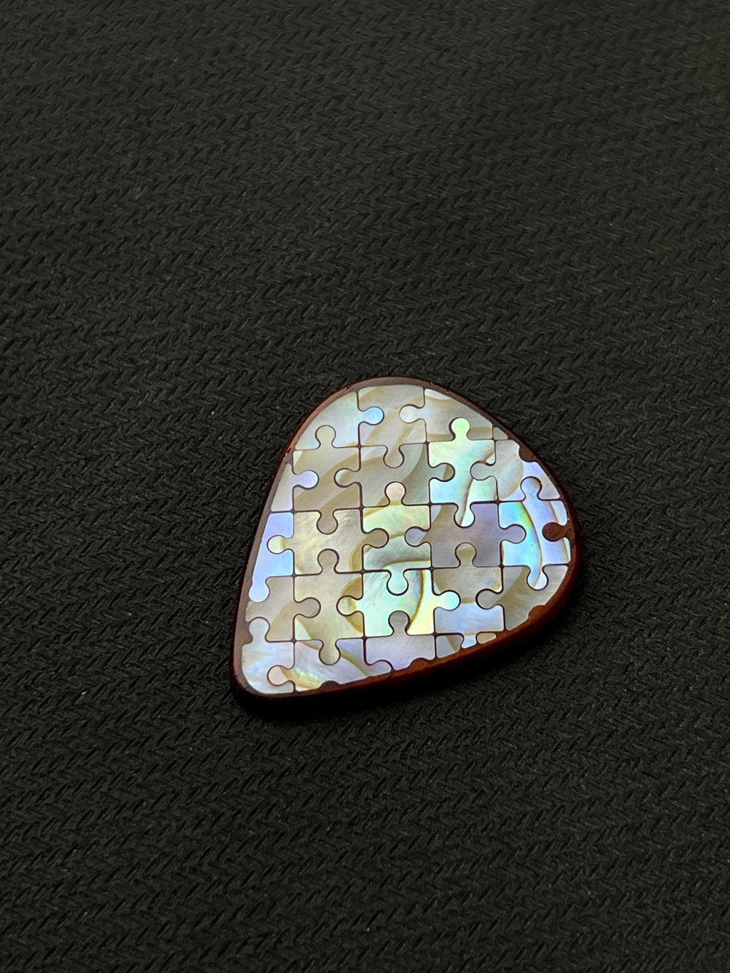 Handmade Wooden Guitar Pick with Mother of Pearl Puzzle Inlay