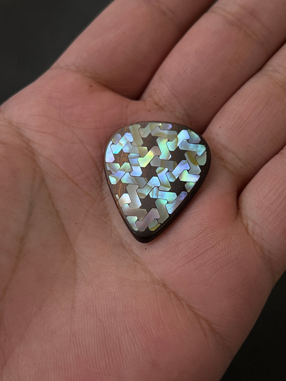 Handmade Wooden Guitar Pick with Colorful Mother of Pearl Interwoven Pattern Inlay