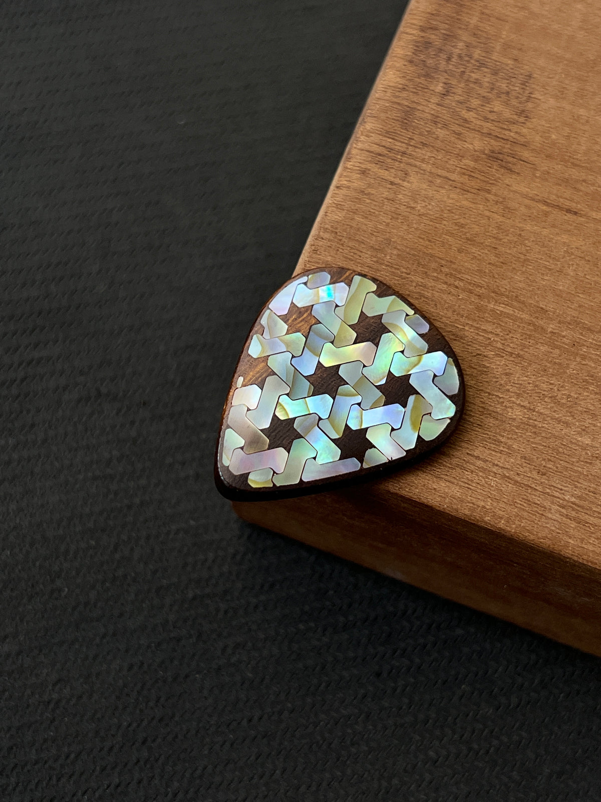 Handmade Wooden Guitar Pick with Colorful Mother of Pearl Interwoven Pattern Inlay