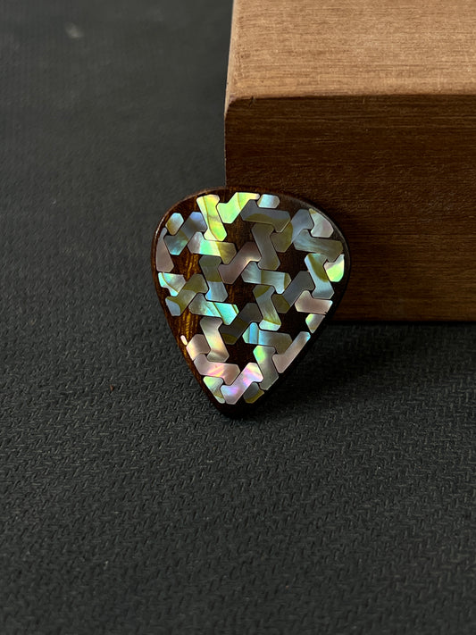 Handmade Wooden Guitar Pick with Colorful Mother of Pearl Interwoven Pattern Inlay