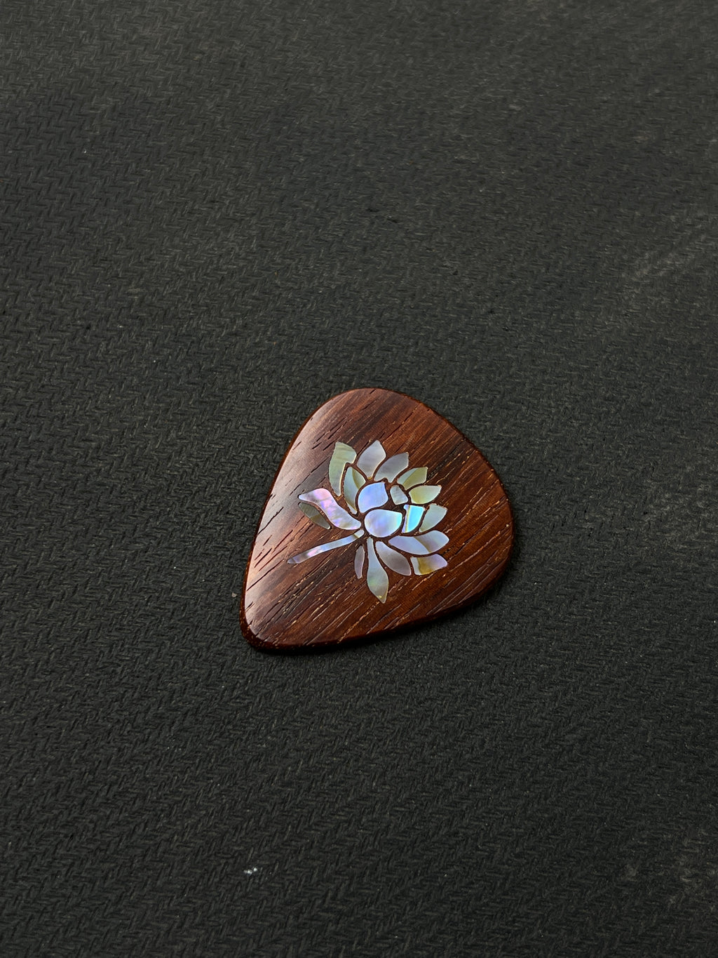 Handmade Wooden Guitar Pick with Mother of Pearl Lotus Flower Inlay
