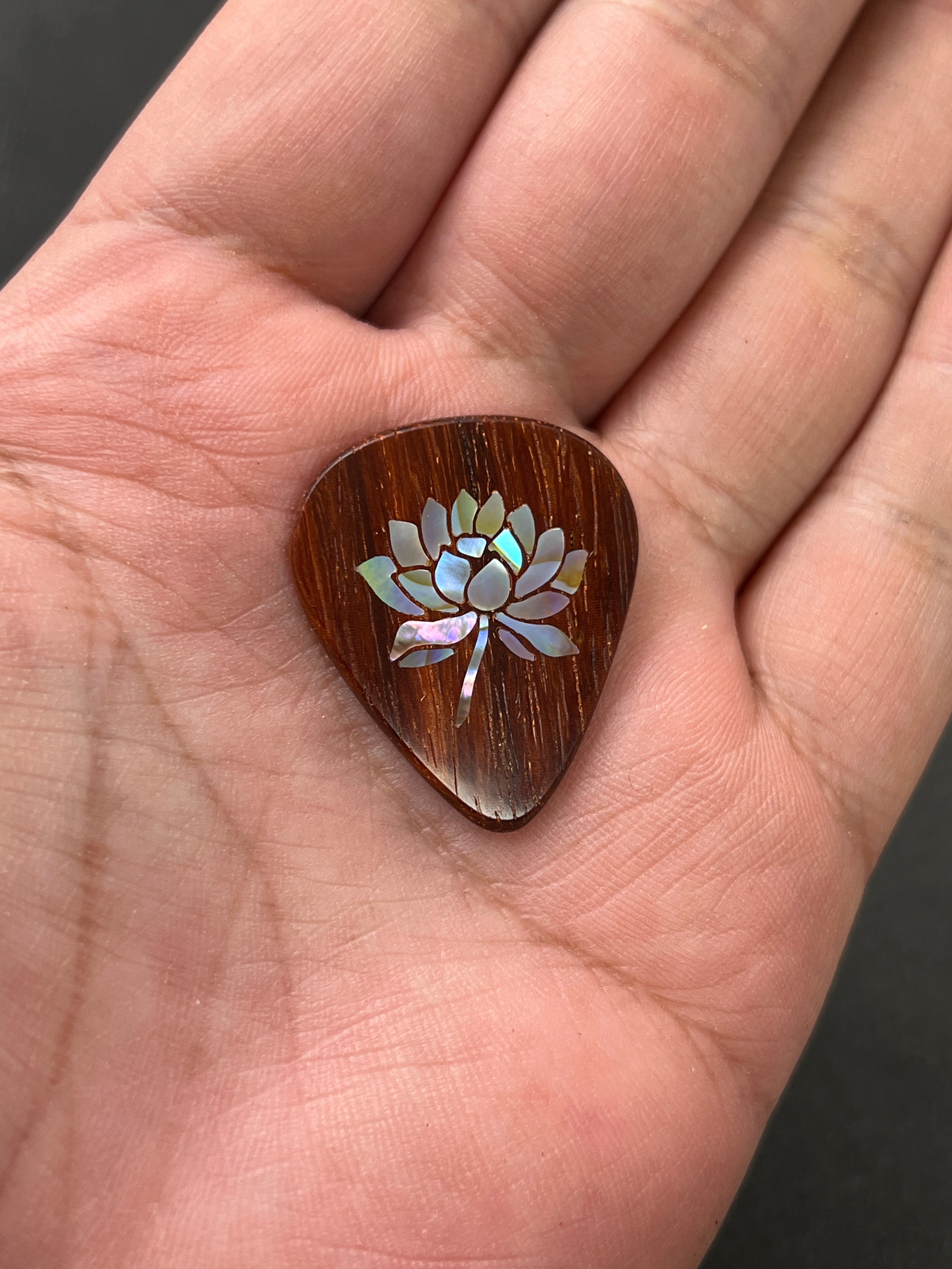 Handmade Wooden Guitar Pick with Mother of Pearl Lotus Flower Inlay