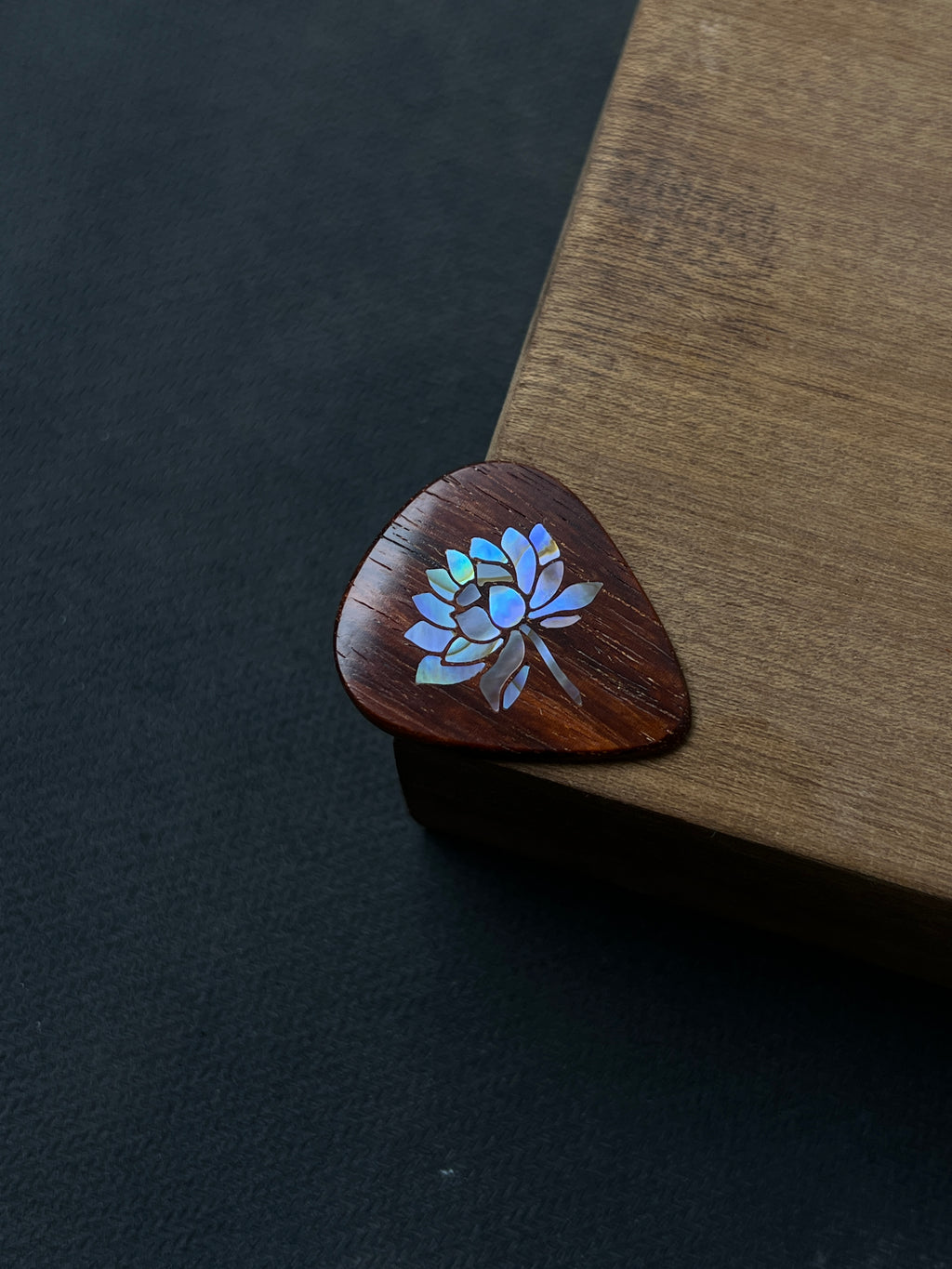 Handmade Wooden Guitar Pick with Mother of Pearl Lotus Flower Inlay