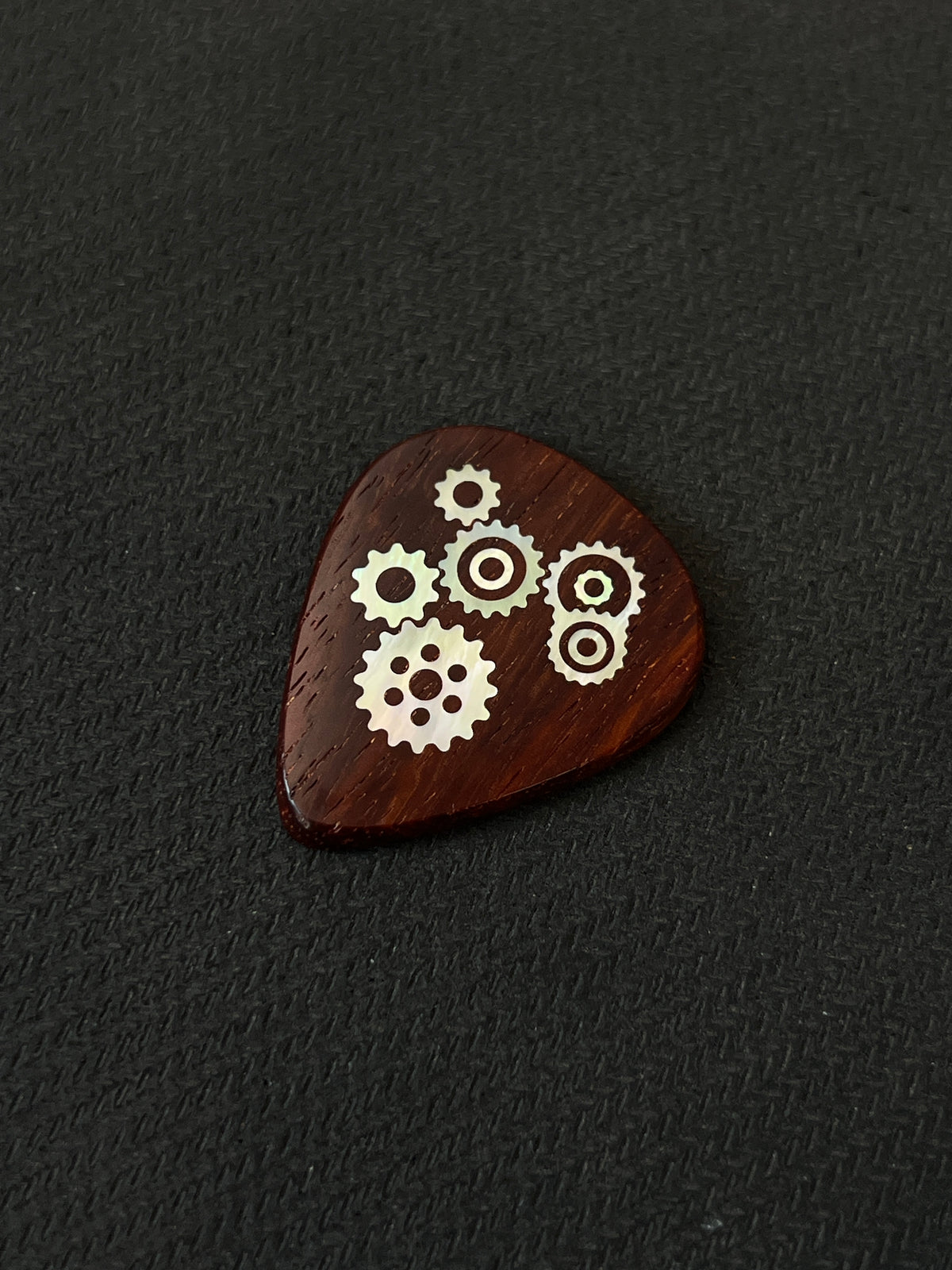 Handmade Wooden Guitar Pick with Mother of Pearl Gear Inlay