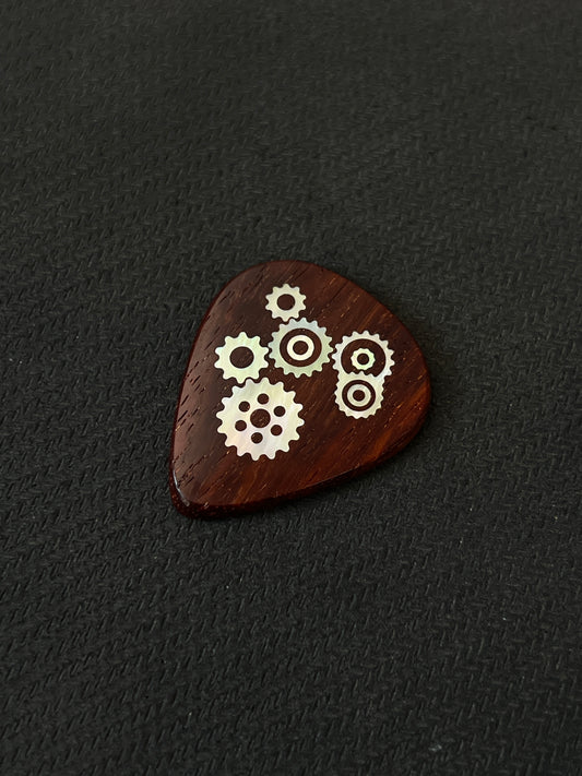 Handmade Wooden Guitar Pick with Mother of Pearl Gear Inlay