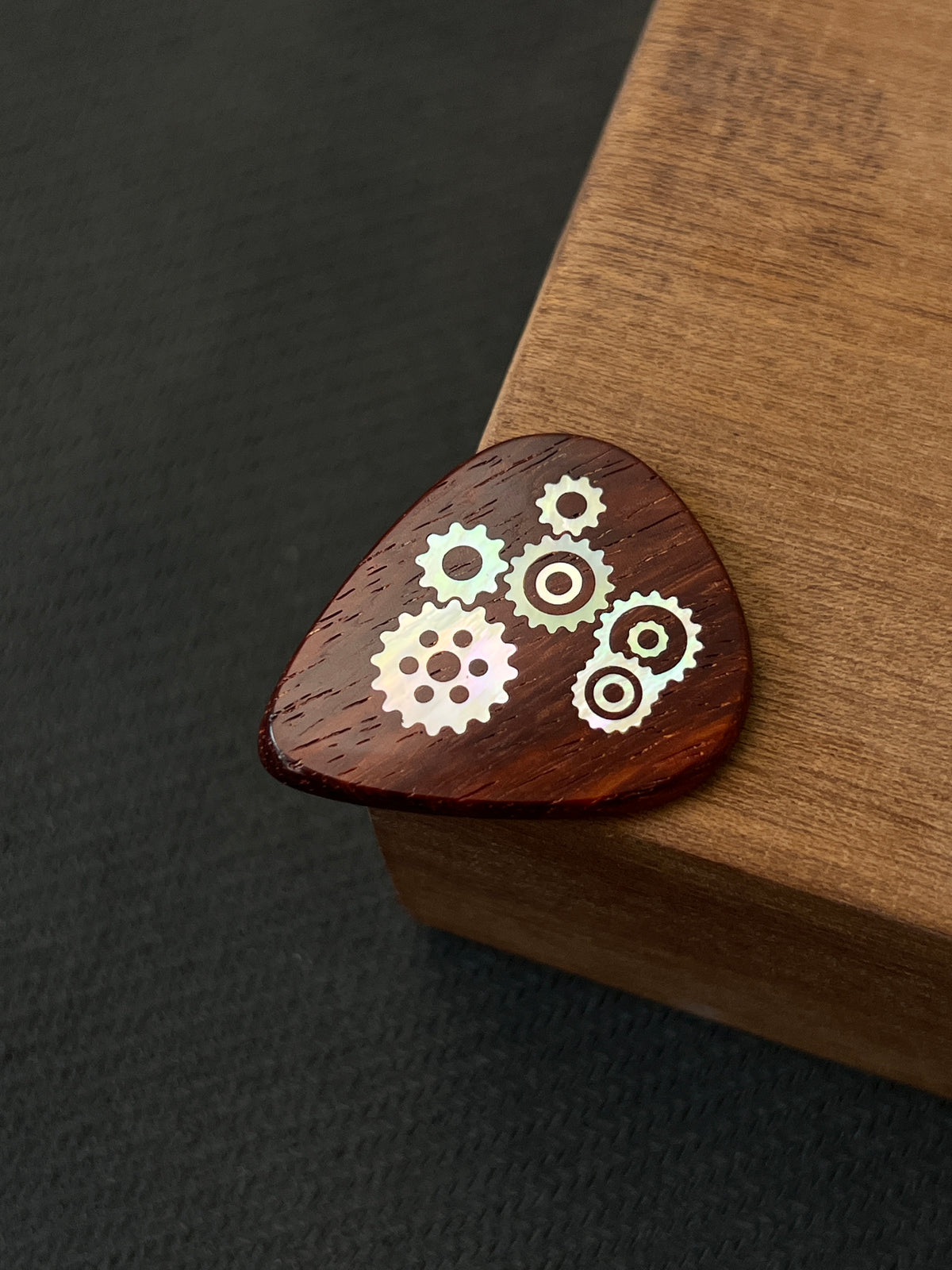 Handmade Wooden Guitar Pick with Mother of Pearl Gear Inlay