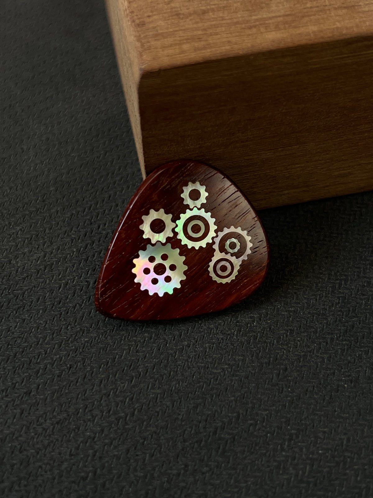 Handmade Wooden Guitar Pick with Mother of Pearl Gear Inlay