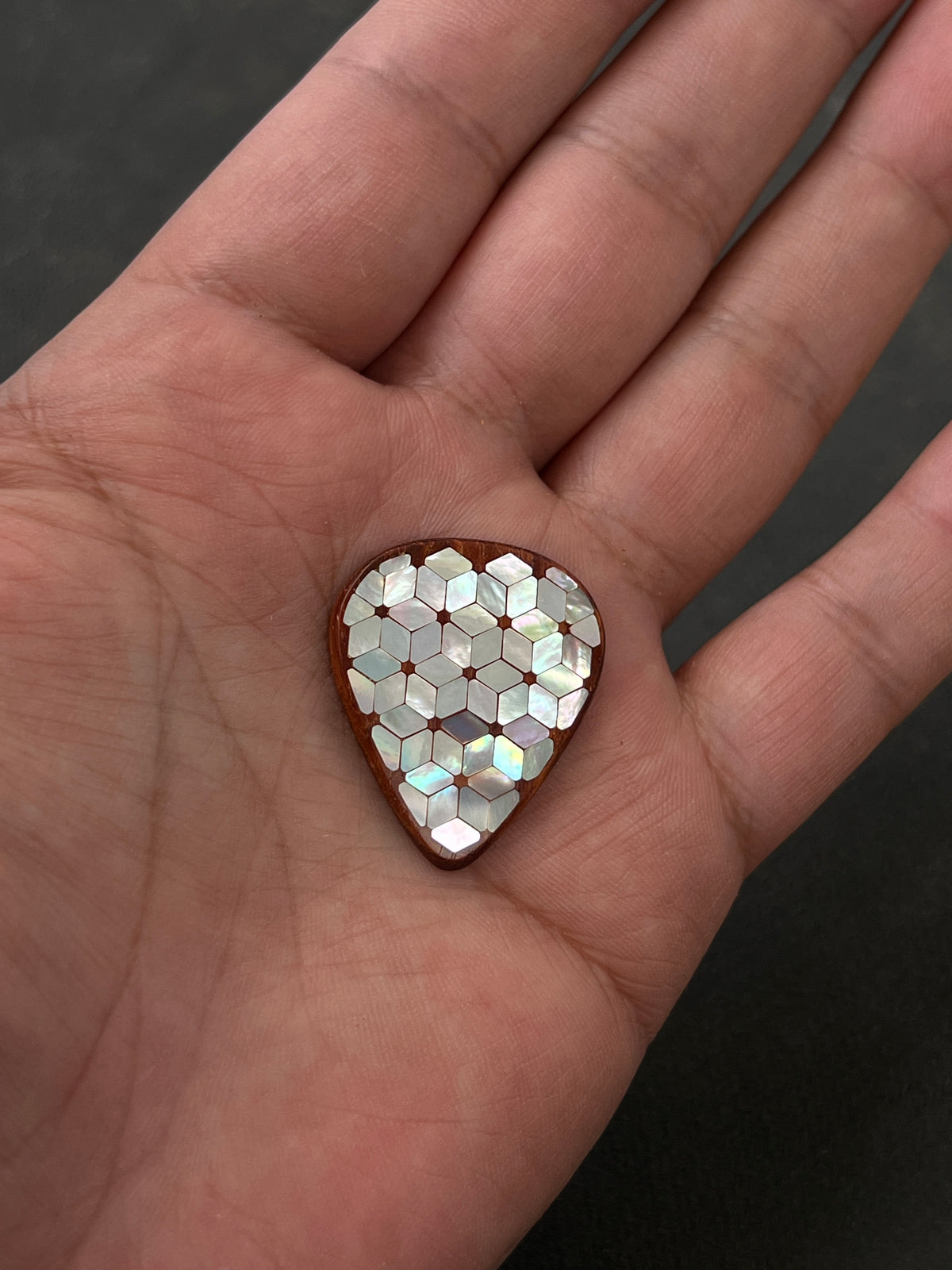 Handmade Wooden Guitar Pick with Mother of Pearl Cube Inlay