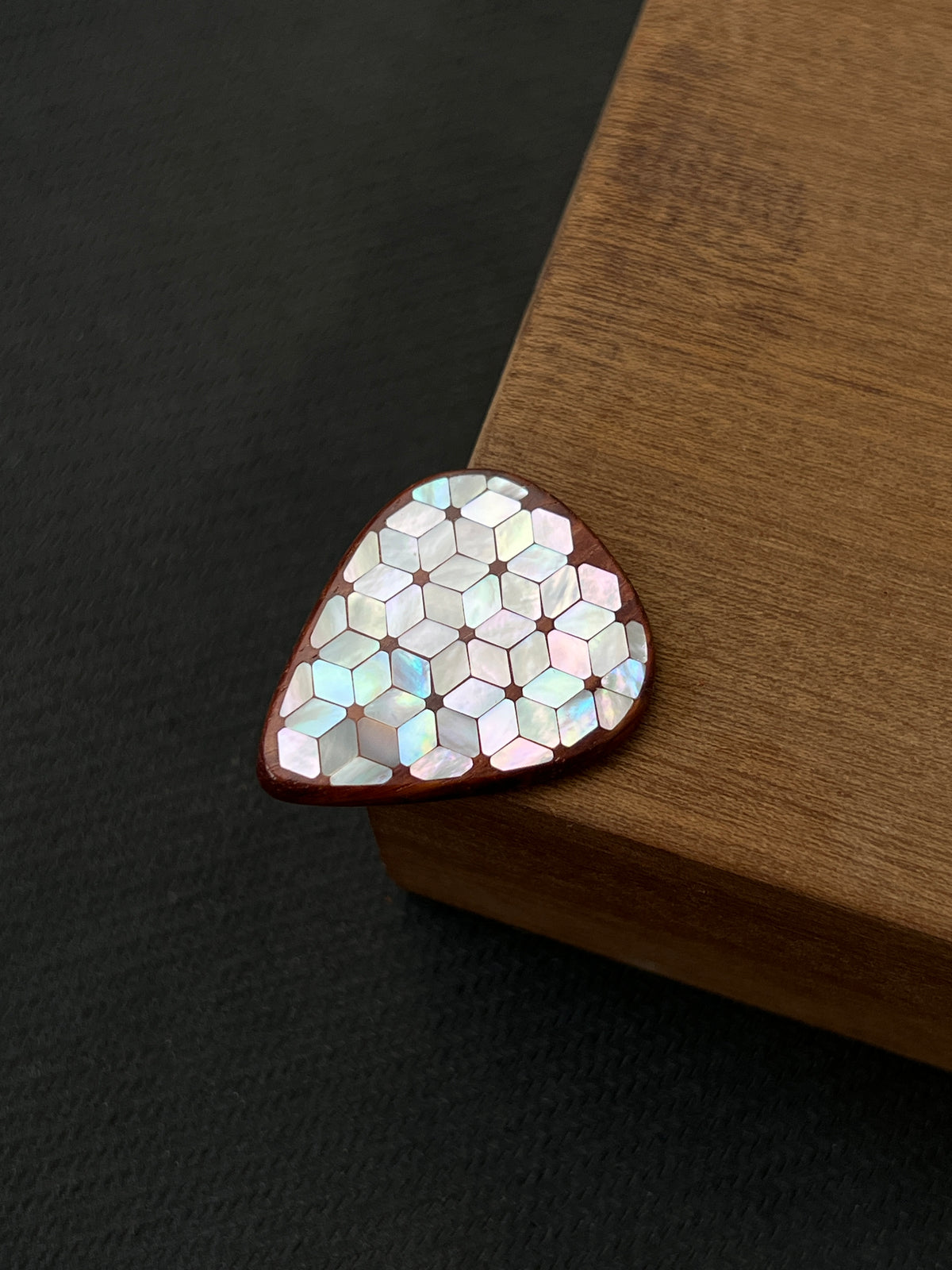 Handmade Wooden Guitar Pick with Mother of Pearl Cube Inlay