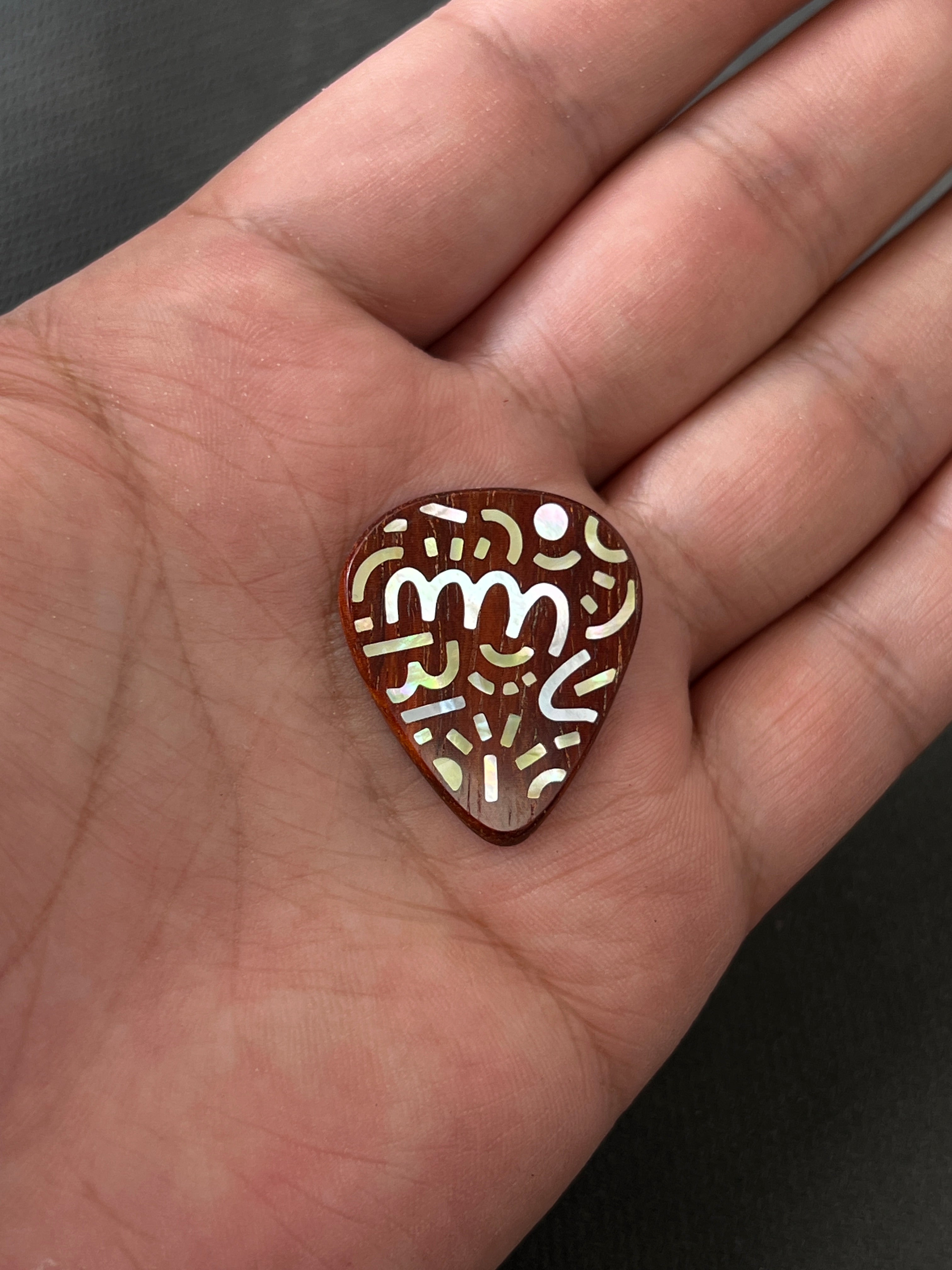 Handmade Wooden Guitar Pick with Mother of Pearl Doodle Inlay
