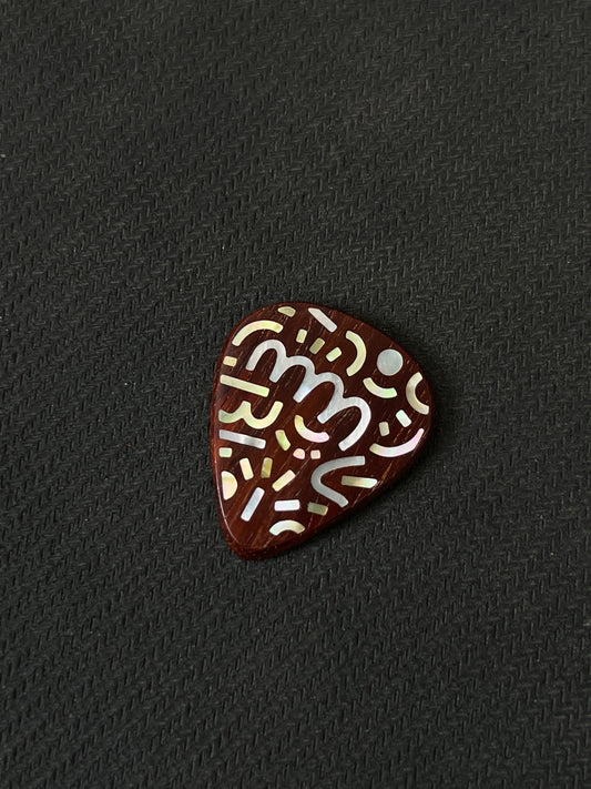 Handmade Wooden Guitar Pick with Mother of Pearl Doodle Inlay