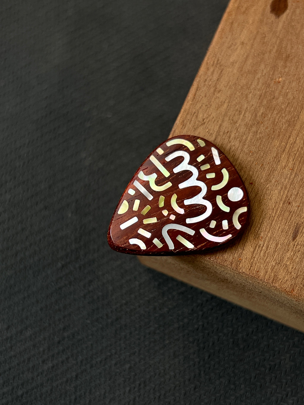 Handmade Wooden Guitar Pick with Mother of Pearl Doodle Inlay