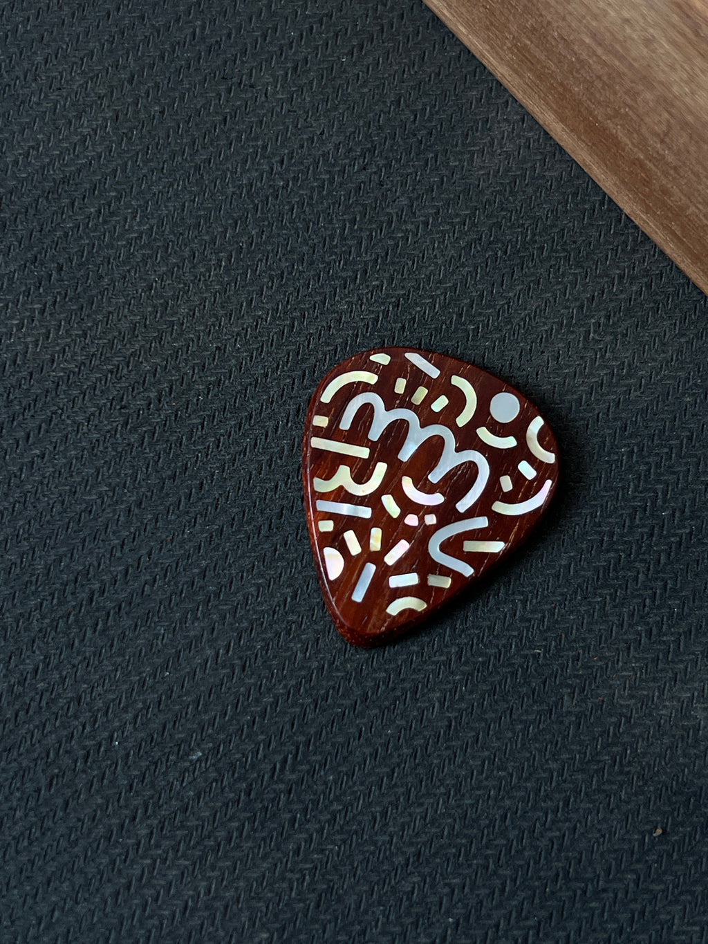 Handmade Wooden Guitar Pick with Mother of Pearl Doodle Inlay