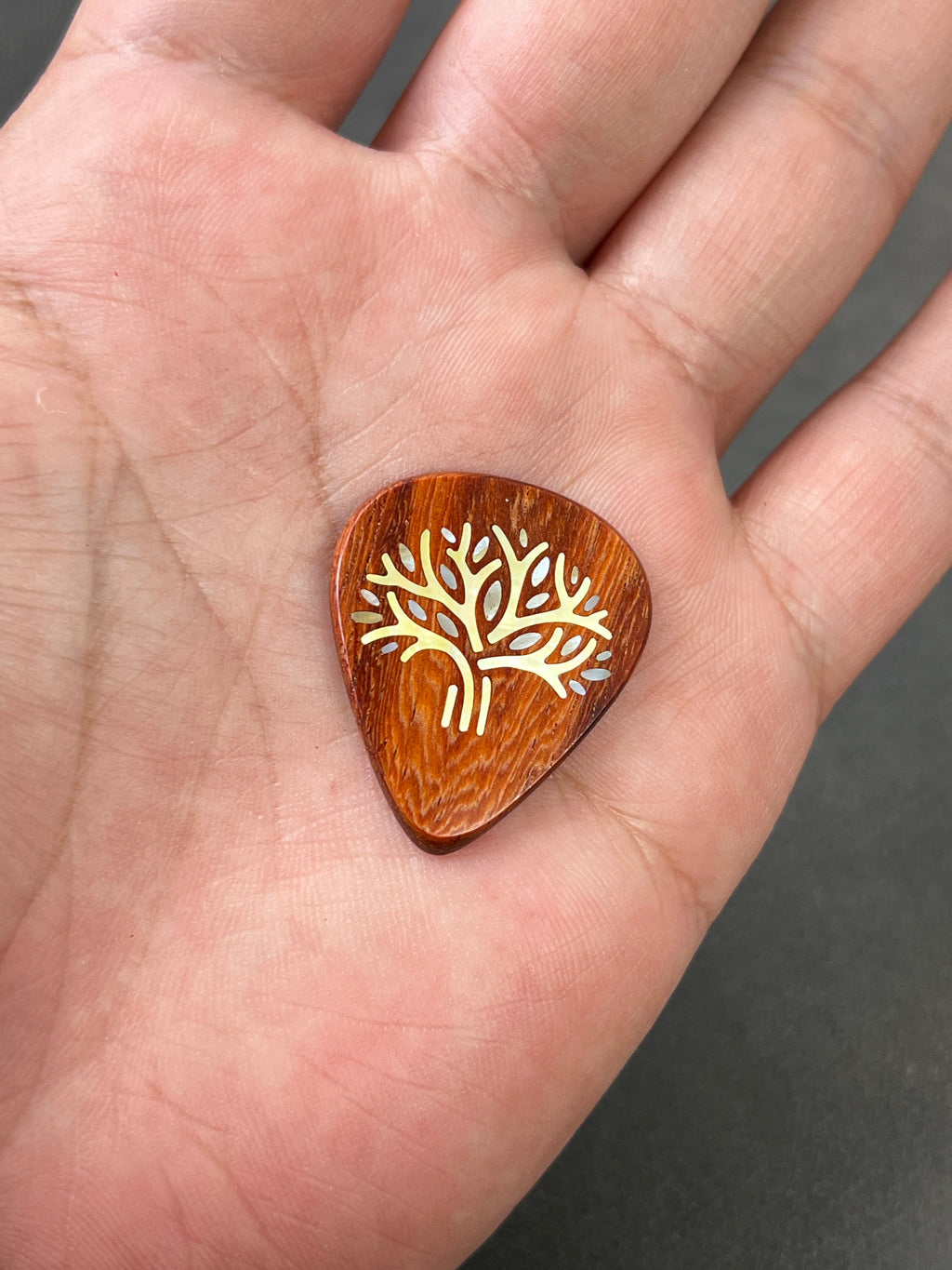 Handmade Wooden Guitar Pick with Mother of Pearl Tree Inlay