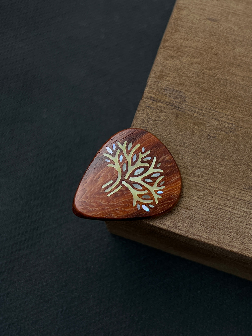 Handmade Wooden Guitar Pick with Mother of Pearl Tree Inlay