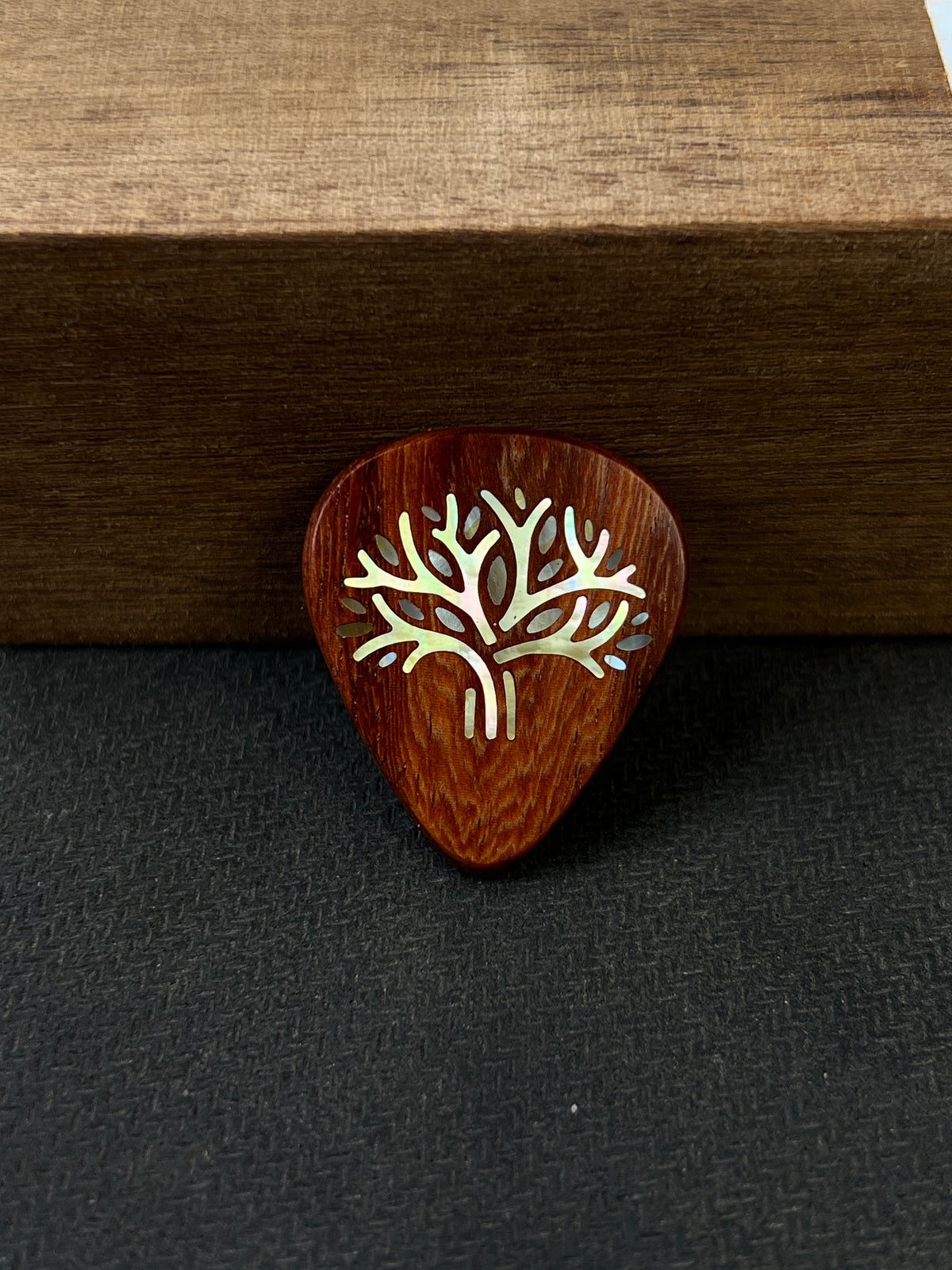 Handmade Wooden Guitar Pick with Mother of Pearl Tree Inlay