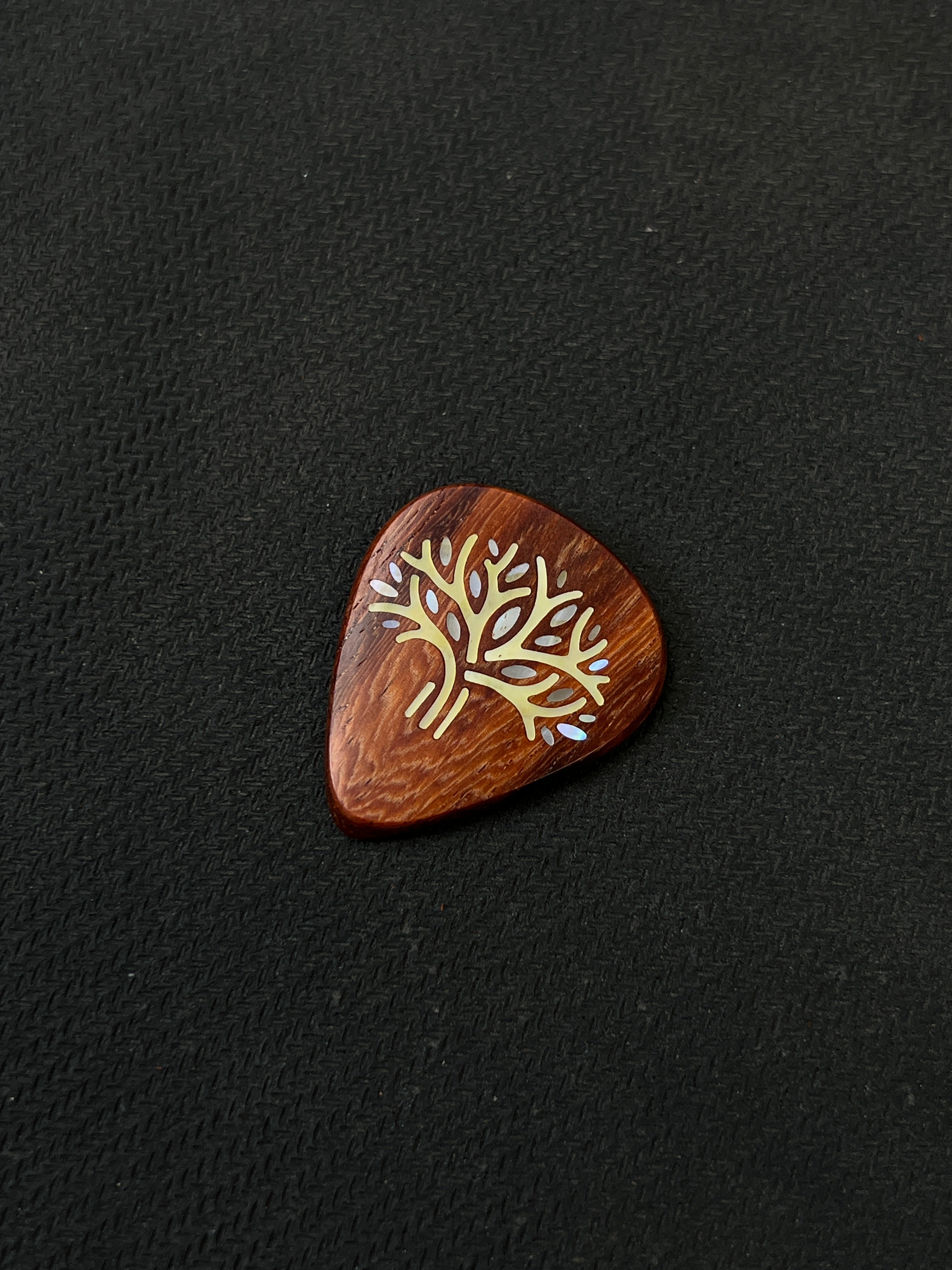 Handmade Wooden Guitar Pick with Mother of Pearl Tree Inlay