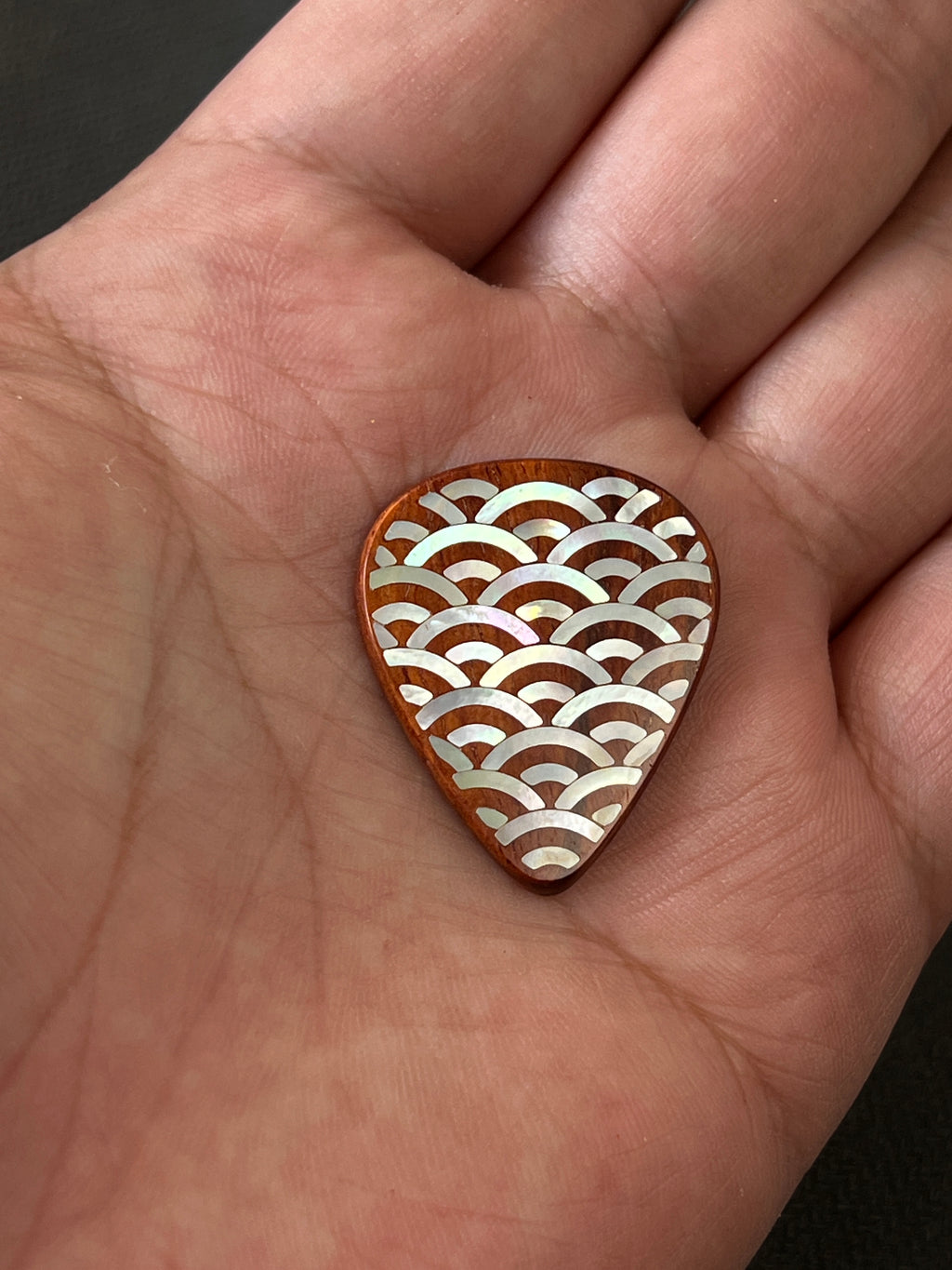 Handmade Wooden Guitar Pick with Mother of Pearl Wave Inlay