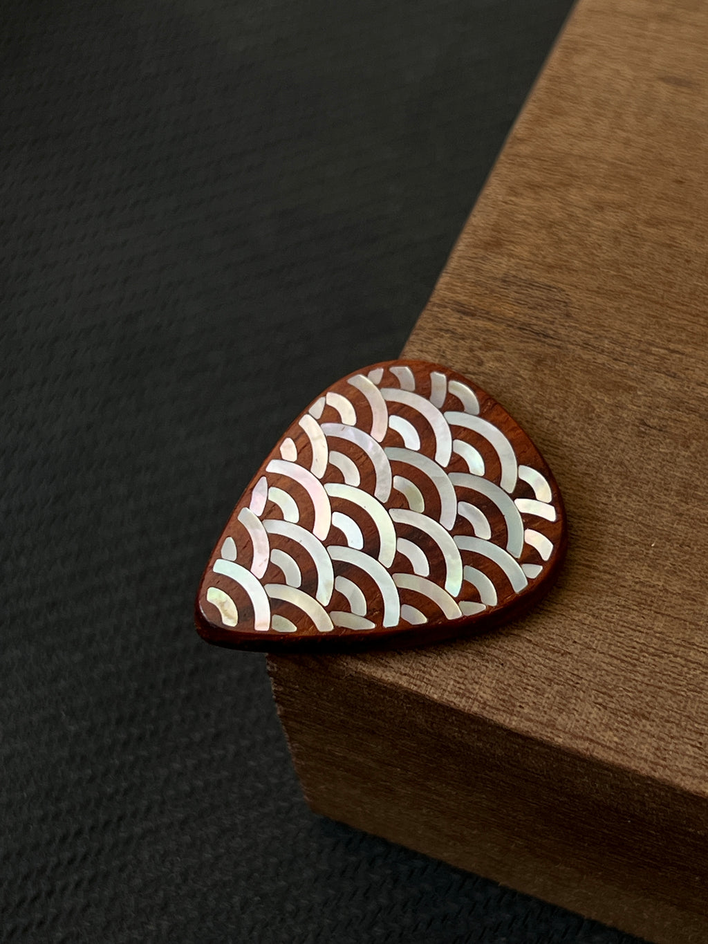 Handmade Wooden Guitar Pick with Mother of Pearl Wave Inlay