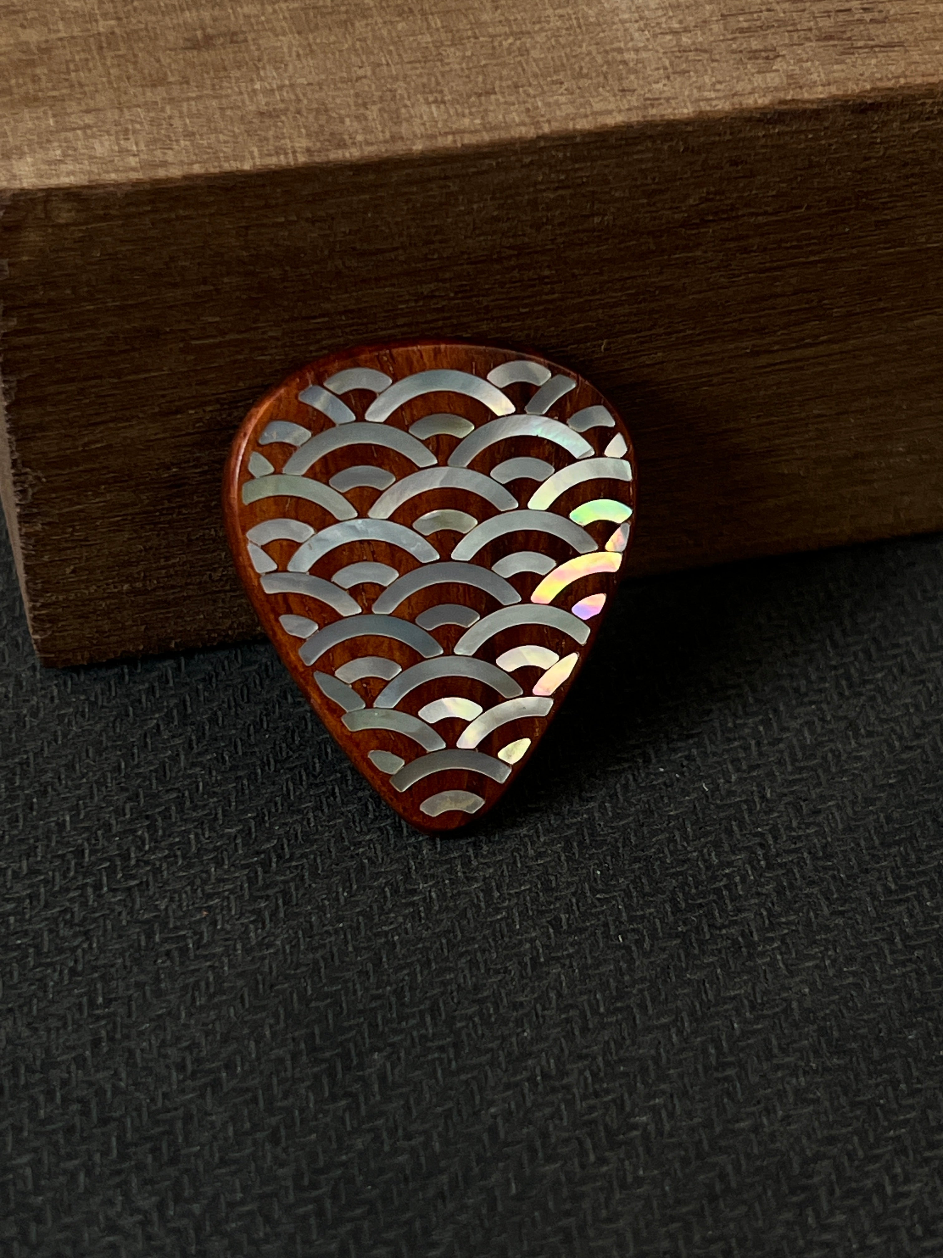 Handmade Wooden Guitar Pick with Mother of Pearl Wave Inlay