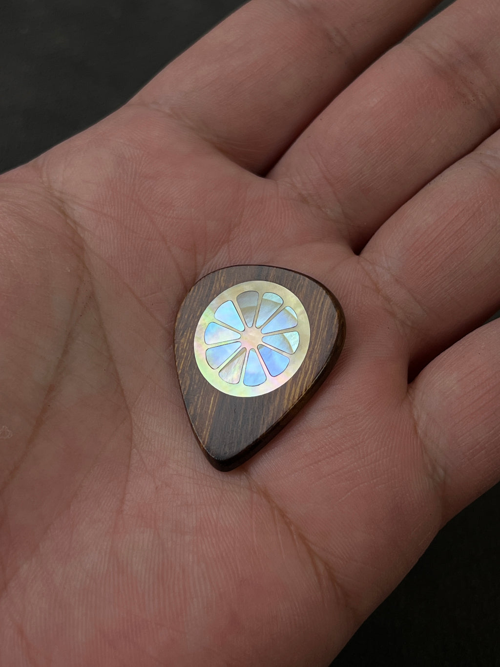 Handmade Wooden Guitar Pick with Mother of Pearl Lemon Inlay