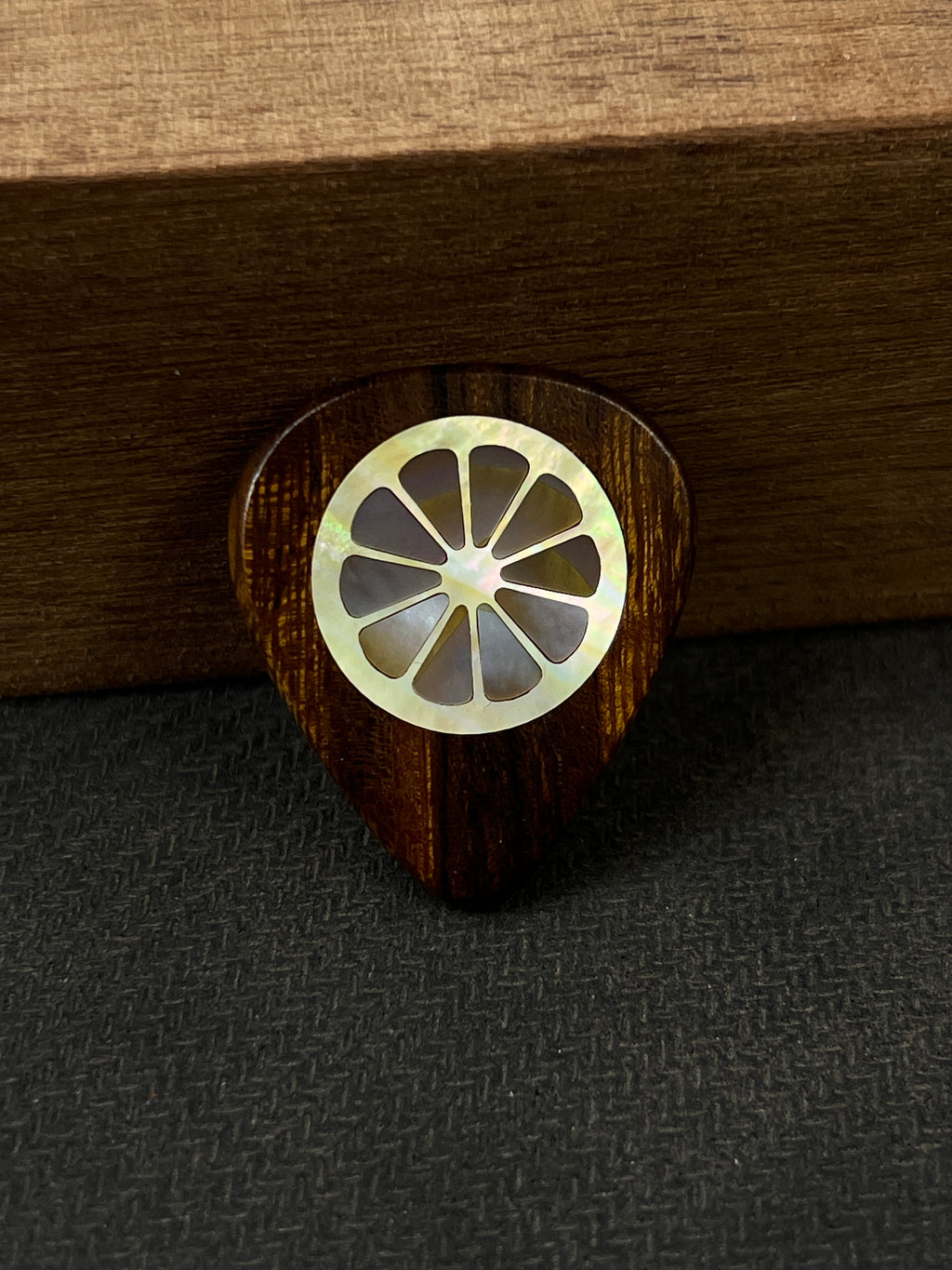 Handmade Wooden Guitar Pick with Mother of Pearl Lemon Inlay