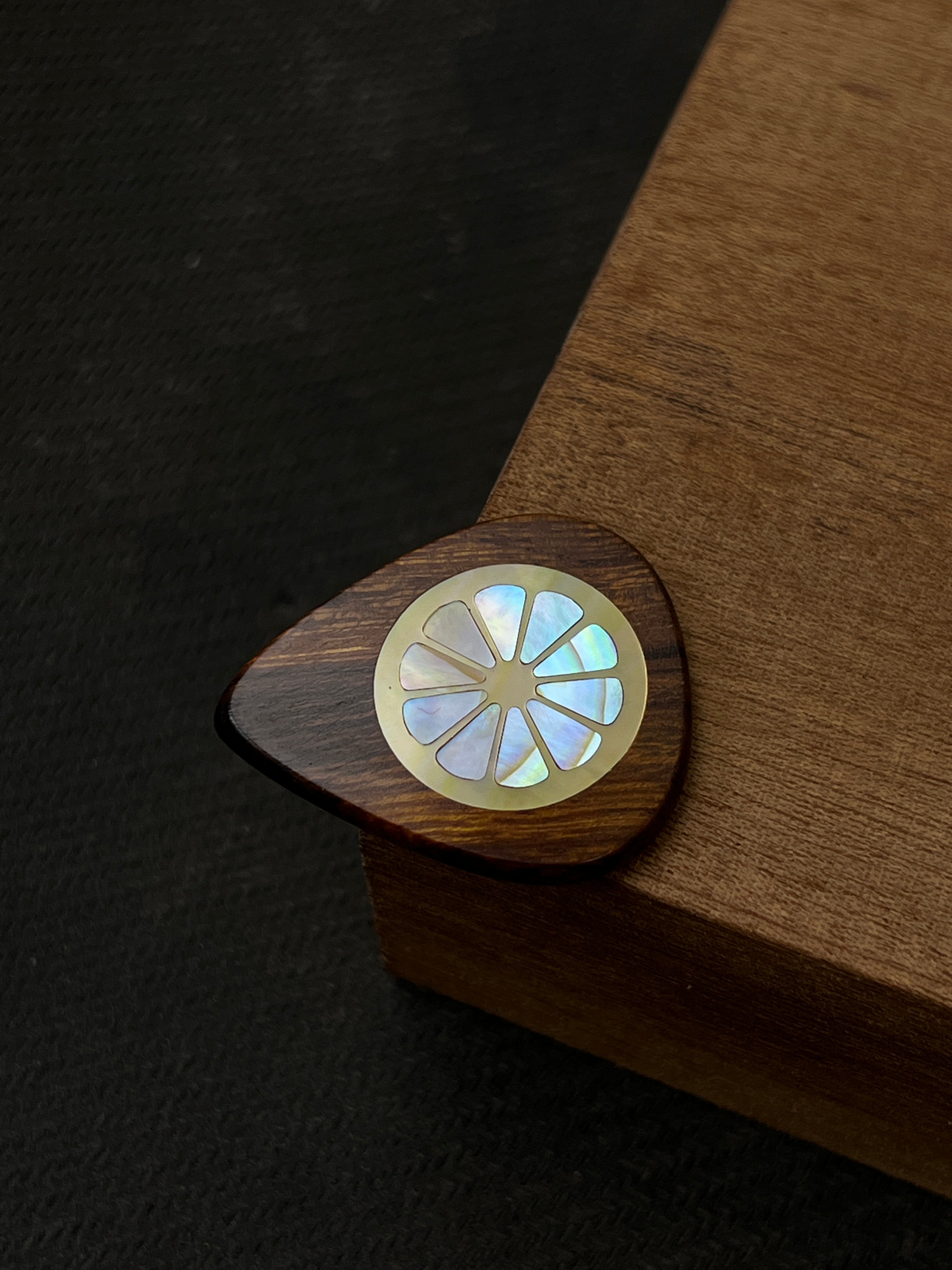 Handmade Wooden Guitar Pick with Mother of Pearl Lemon Inlay