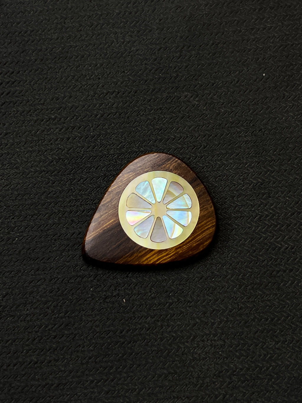 Handmade Wooden Guitar Pick with Mother of Pearl Lemon Inlay
