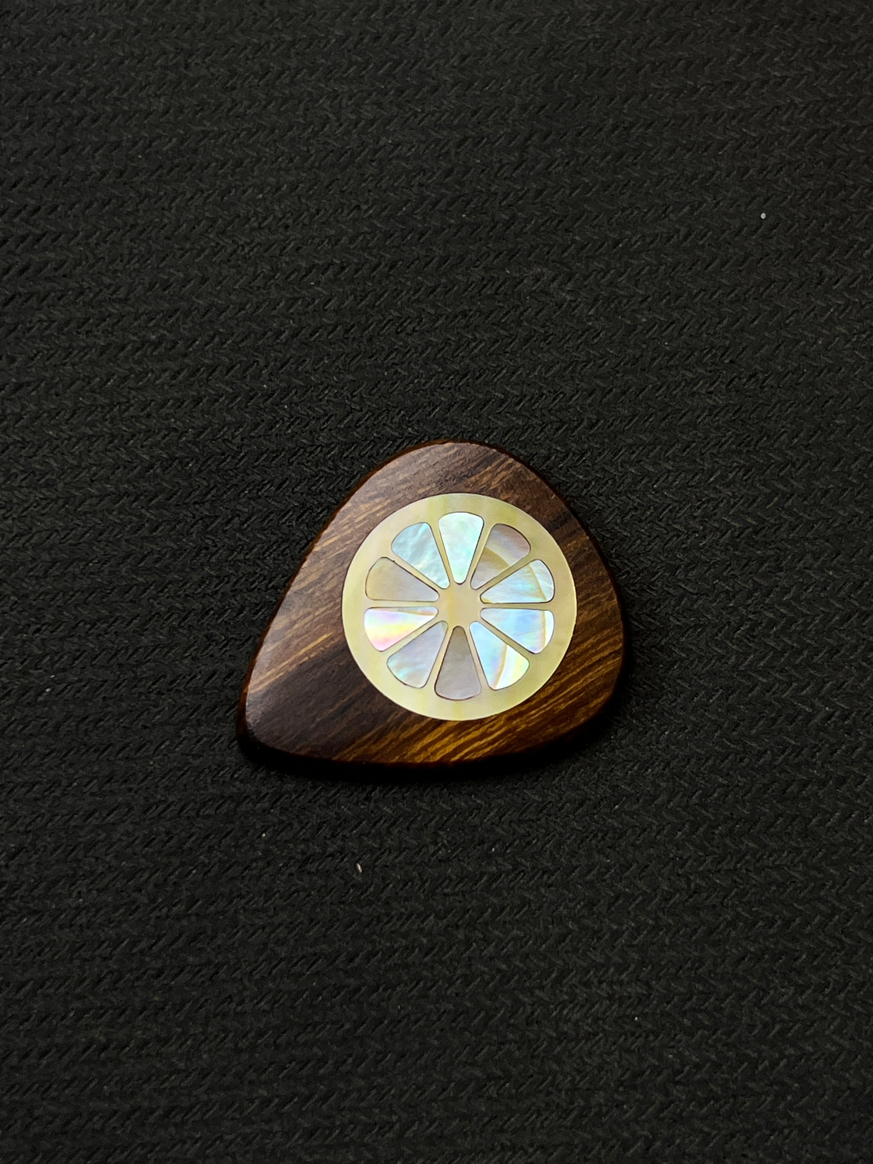 Handmade Wooden Guitar Pick with Mother of Pearl Lemon Inlay