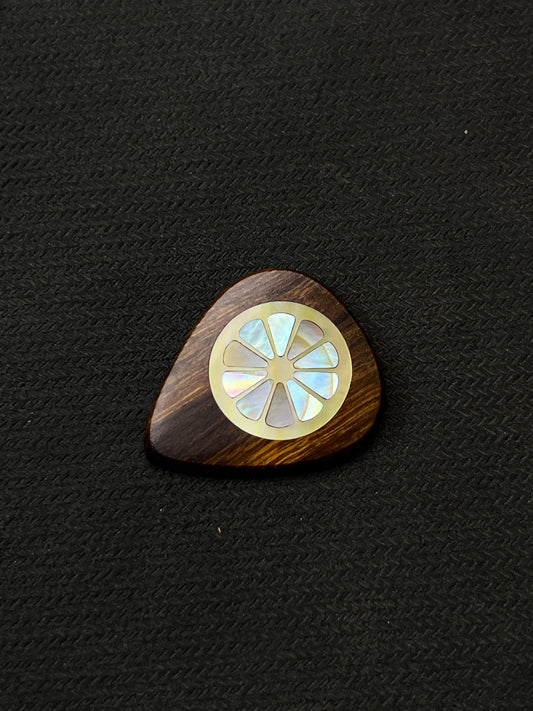 Handmade Wooden Guitar Pick with Mother of Pearl Lemon Inlay
