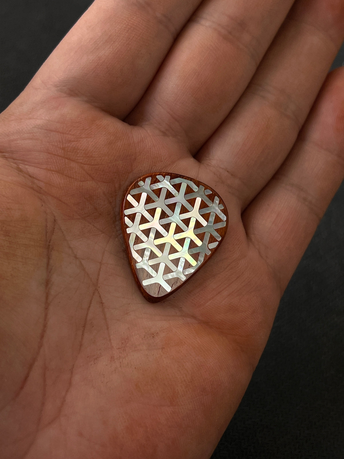 Handmade Wooden Guitar Pick with Mother of Pearl Chainmail Inlay