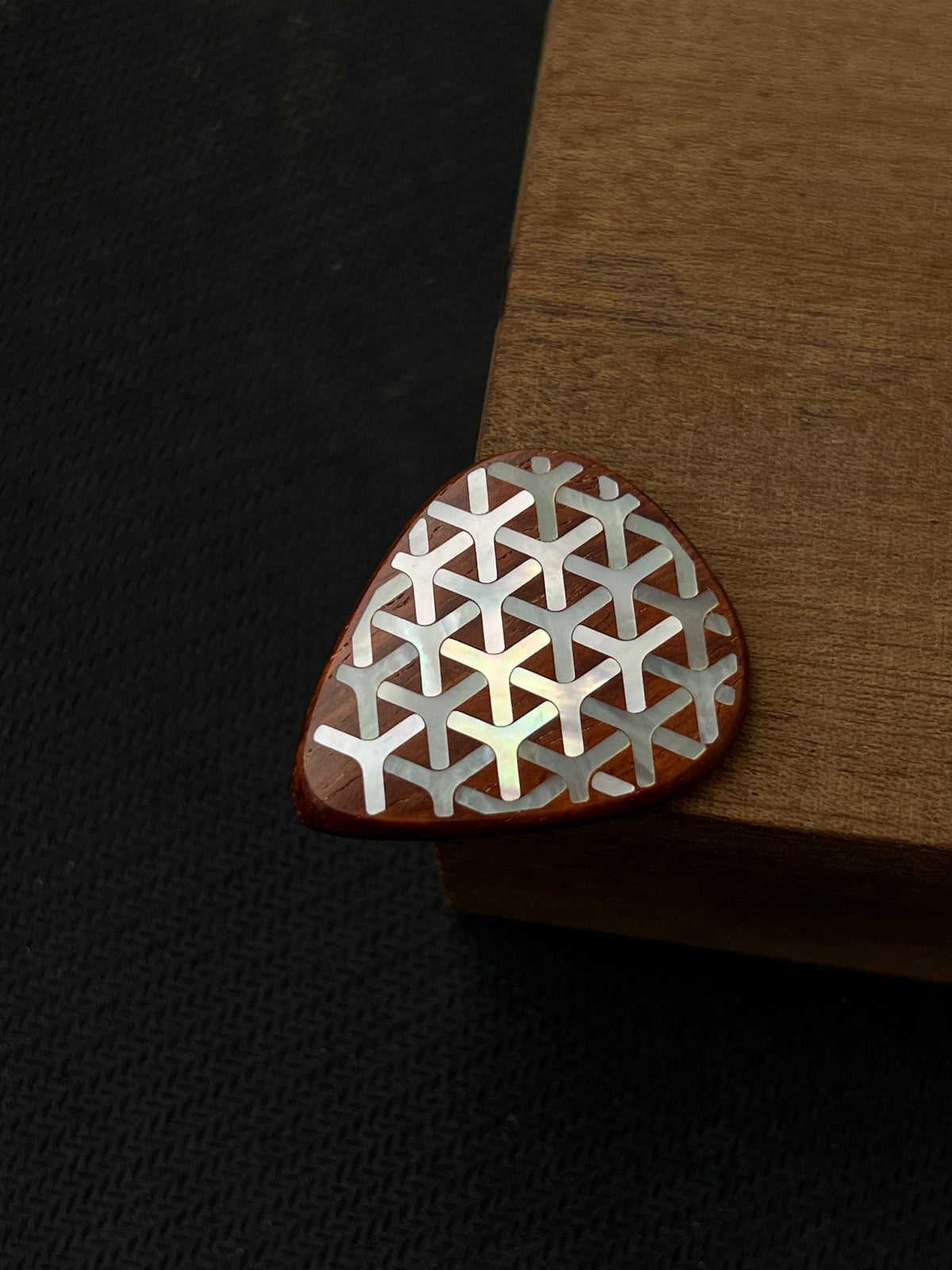 Handmade Wooden Guitar Pick with Mother of Pearl Chainmail Inlay