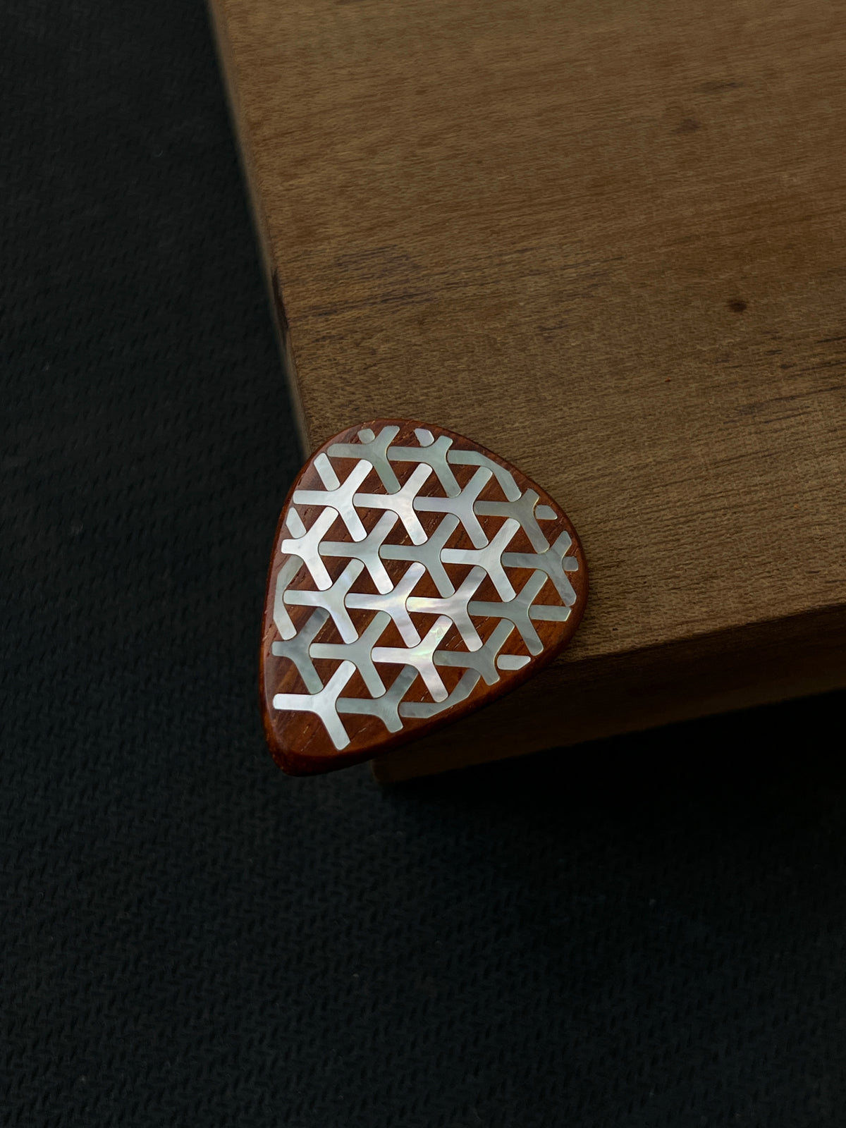 Handmade Wooden Guitar Pick with Mother of Pearl Chainmail Inlay