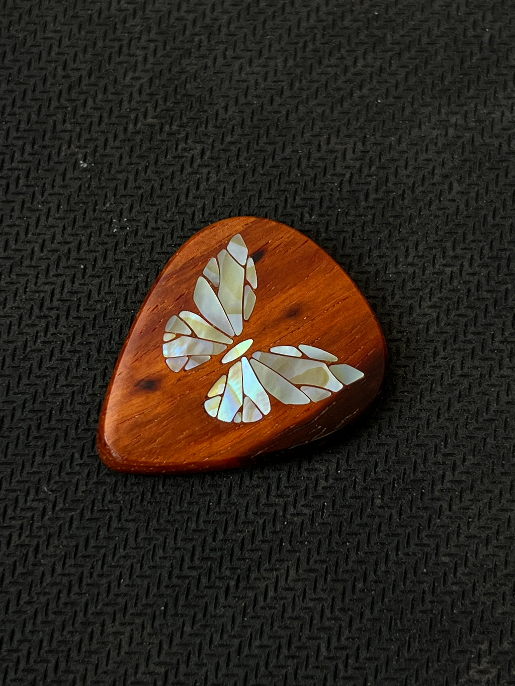 Handmade Wooden Guitar Pick with Mother of Pearl Butterfly Inlay