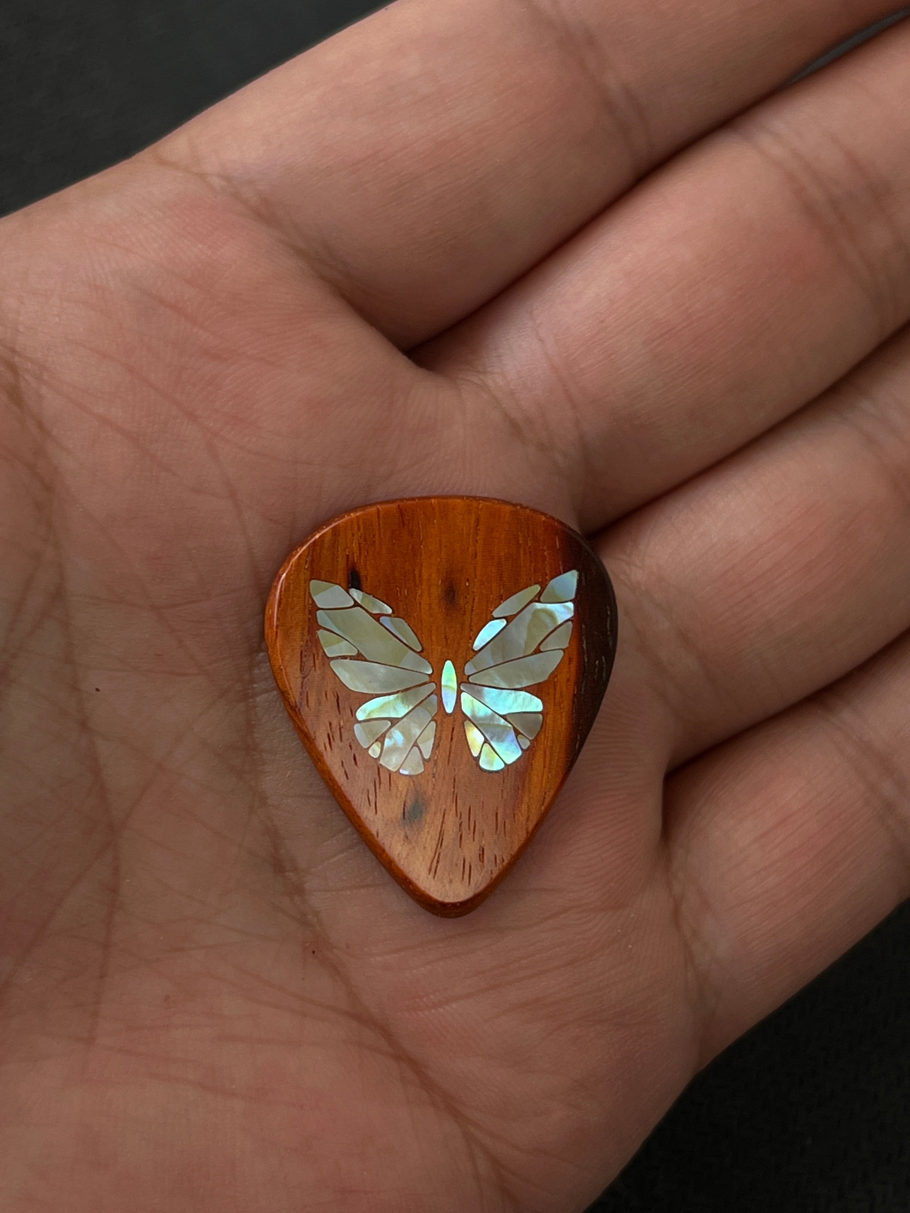 Handmade Wooden Guitar Pick with Mother of Pearl Butterfly Inlay