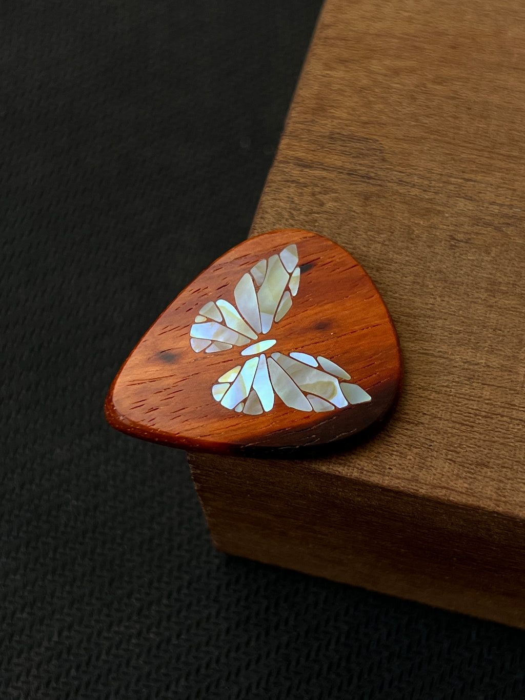 Handmade Wooden Guitar Pick with Mother of Pearl Butterfly Inlay