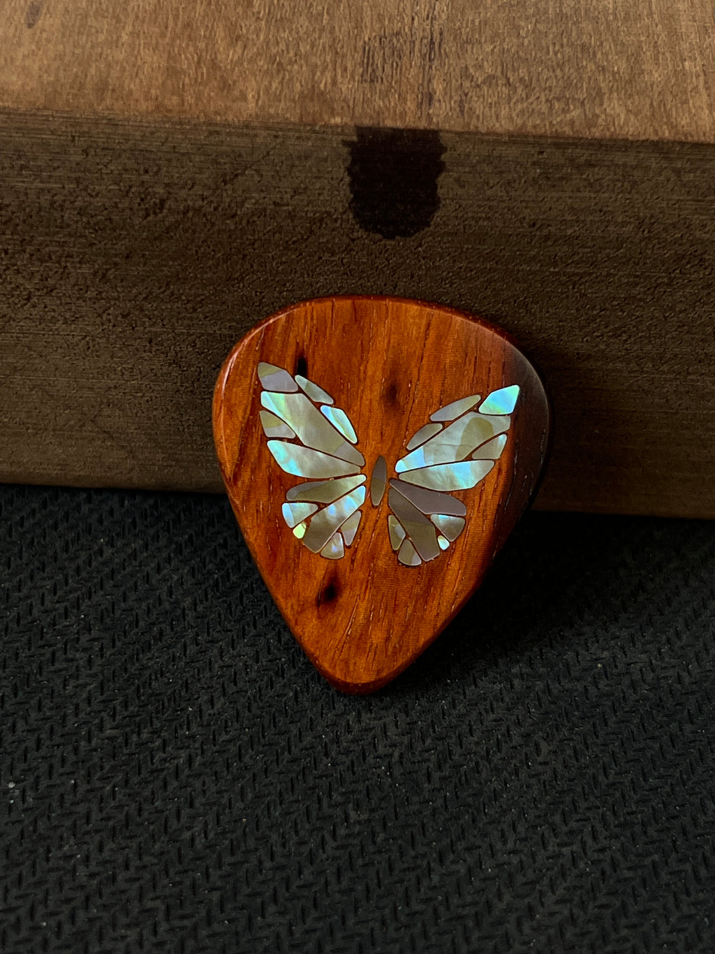 Handmade Wooden Guitar Pick with Mother of Pearl Butterfly Inlay